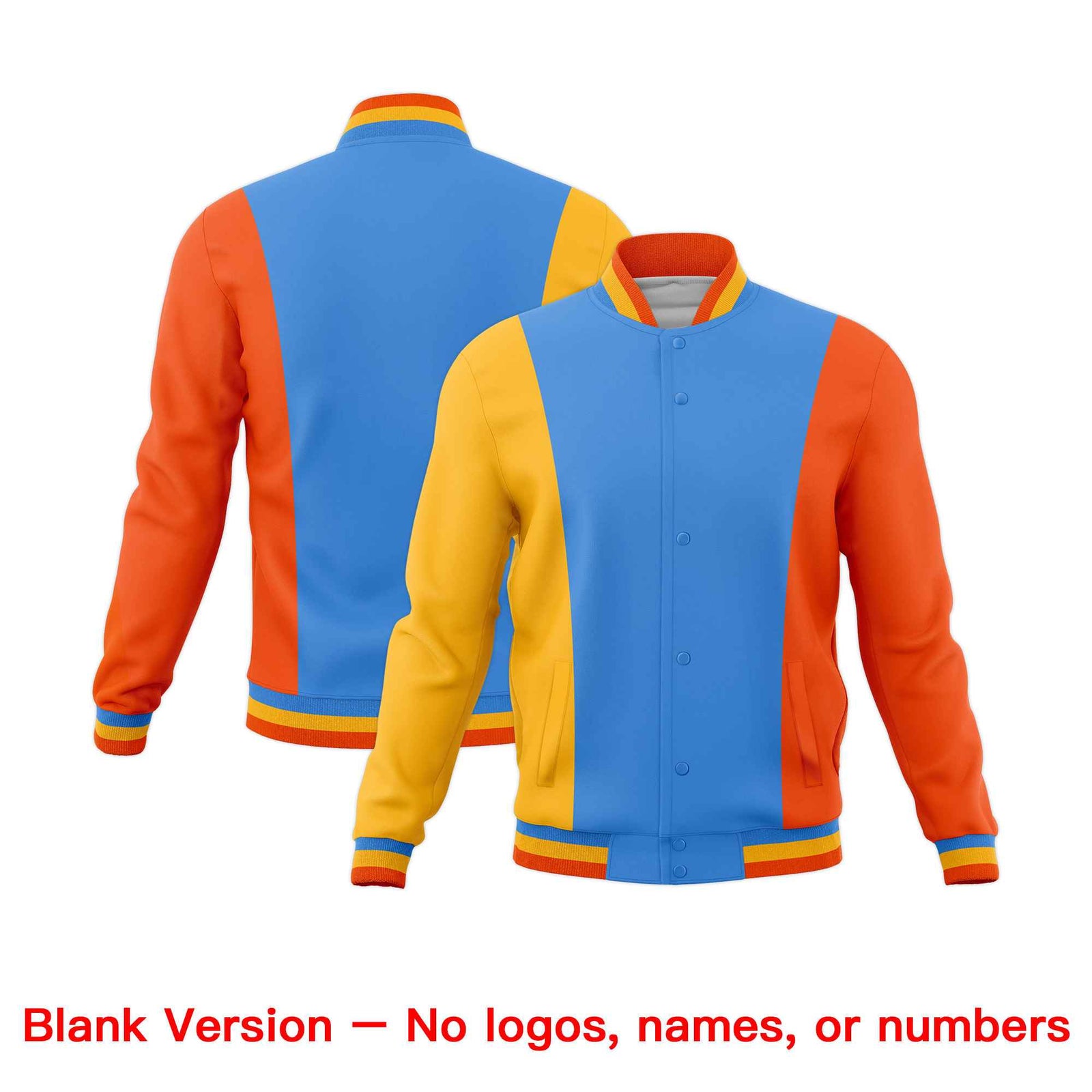 Custom Powder Blue Yellow Orange Personalization Varsity Full-Snap Three Color Blocks Letterman Jacket