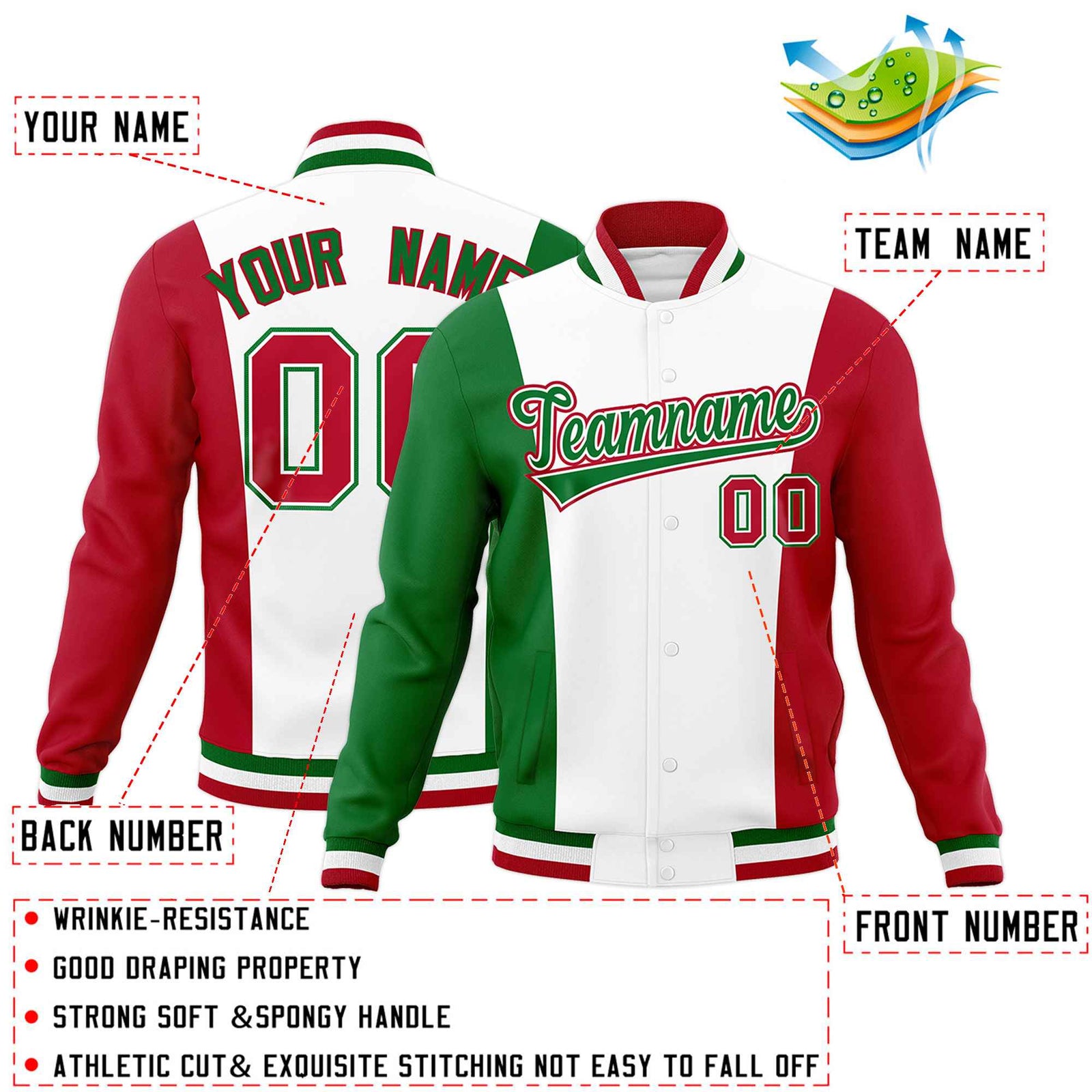 Custom White Kelly Green Red Personalization Varsity Full-Snap Three Color Blocks Letterman Jacket| KXKSHOP