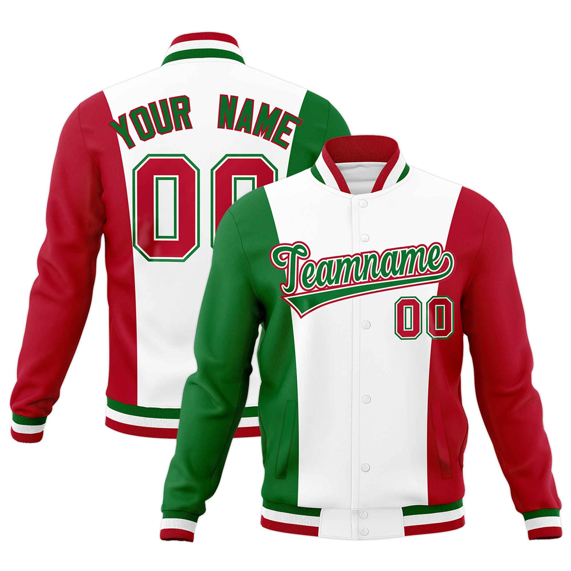 Custom White Kelly Green Red Personalization Varsity Full-Snap Three Color Blocks Letterman Jacket| KXKSHOP