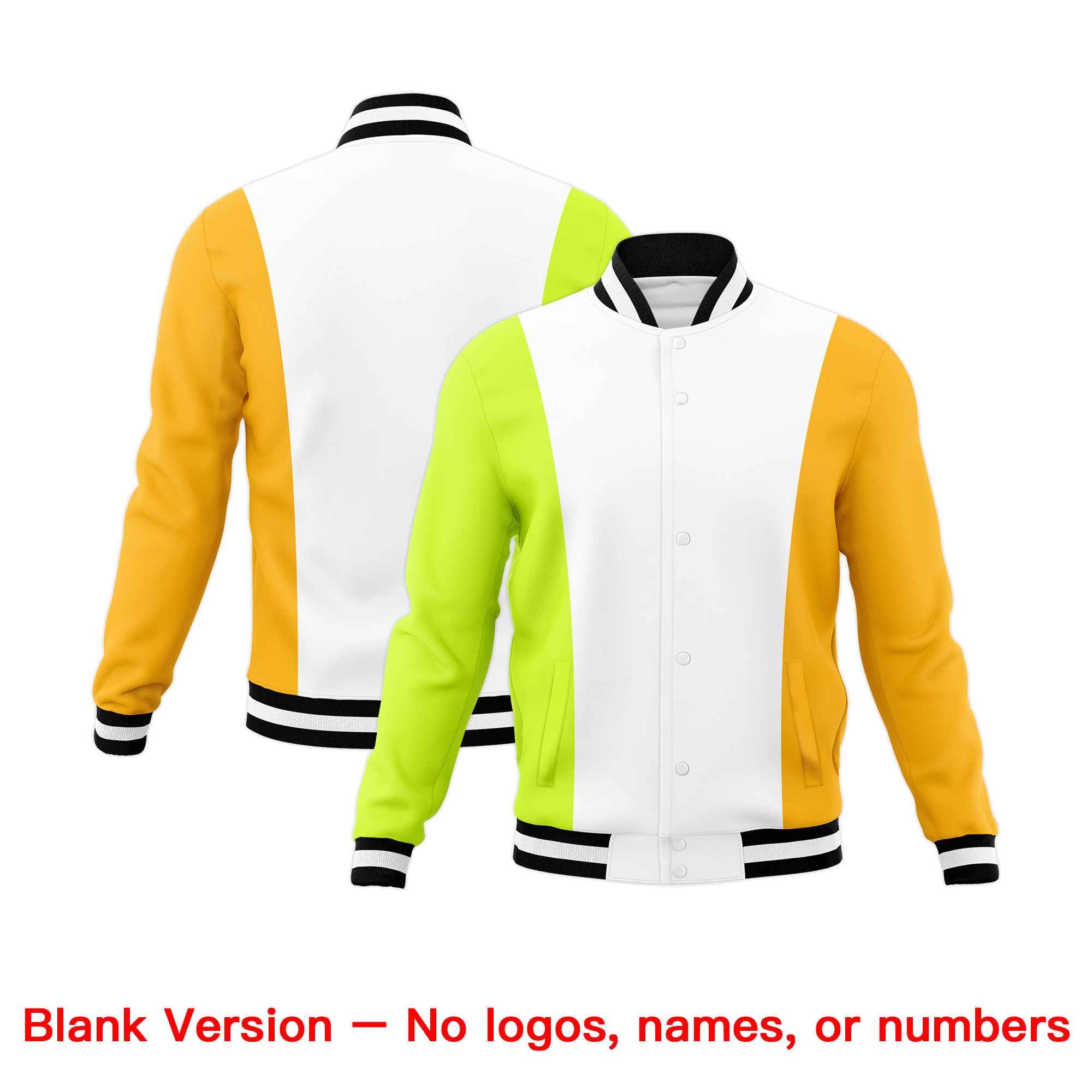 Custom White Fluorescent Green Yellow Personalization Varsity Full-Snap Three Color Blocks Letterman Jacket| KXKSHOP