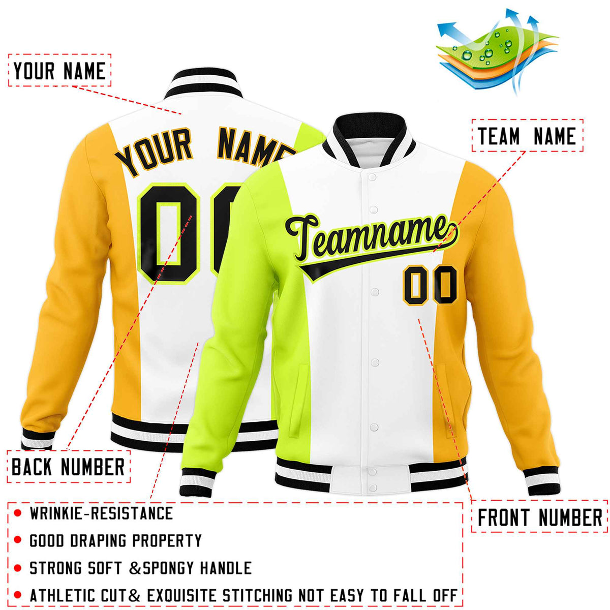 Custom White Fluorescent Green Yellow Personalization Varsity Full-Snap Three Color Blocks Letterman Jacket| KXKSHOP