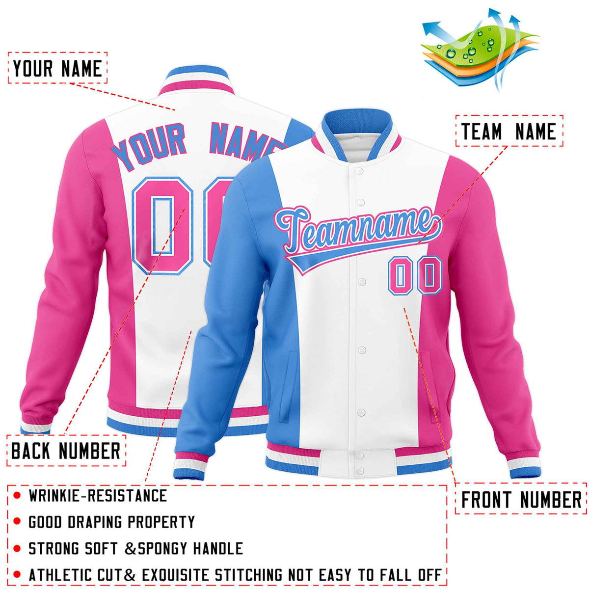 Custom White Powder Blue Pink Personalization Varsity Full-Snap Three Color Blocks Letterman Jacket| KXKSHOP
