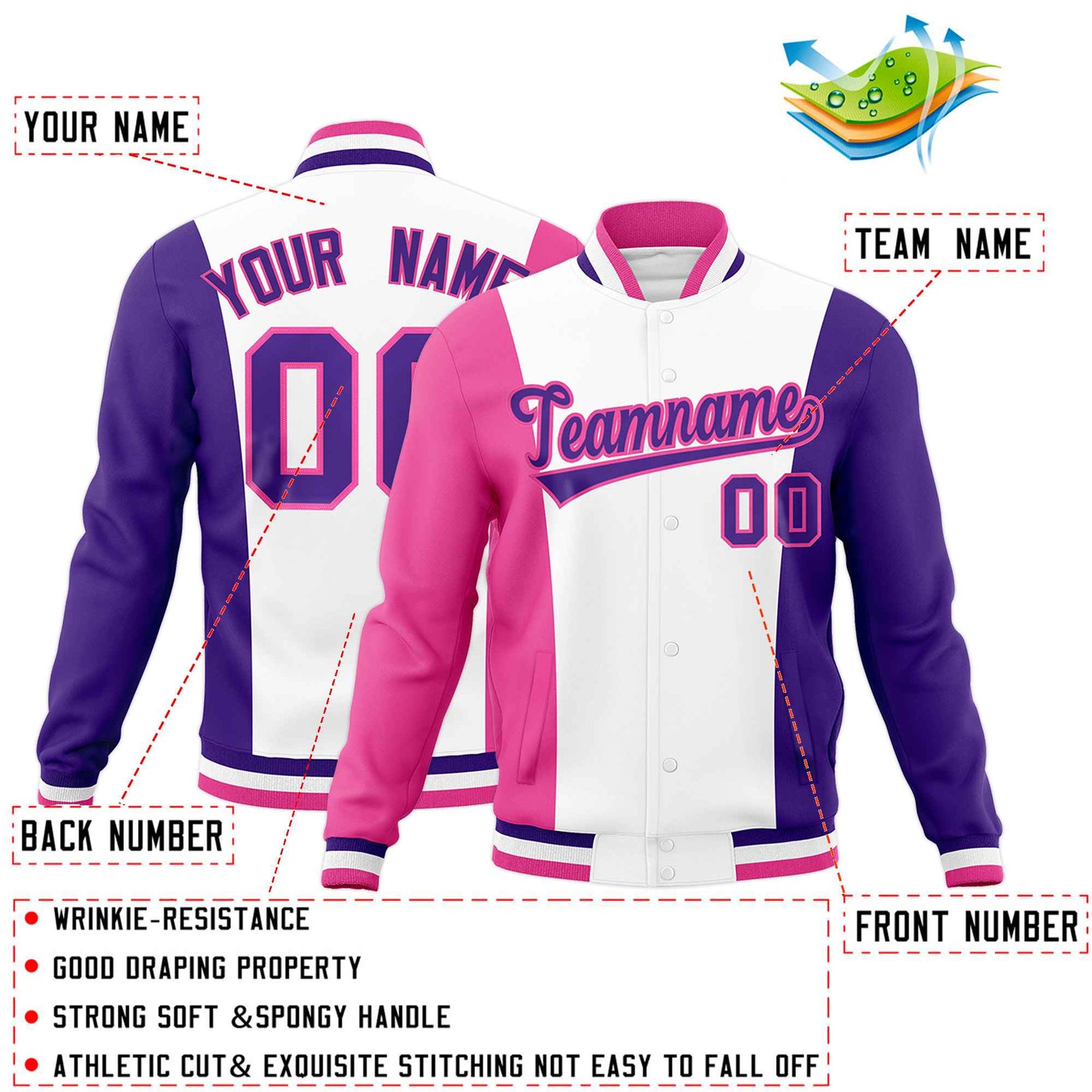 Custom White Pink Purple Personalization Varsity Full-Snap Three Color Blocks Letterman Jacket| KXKSHOP