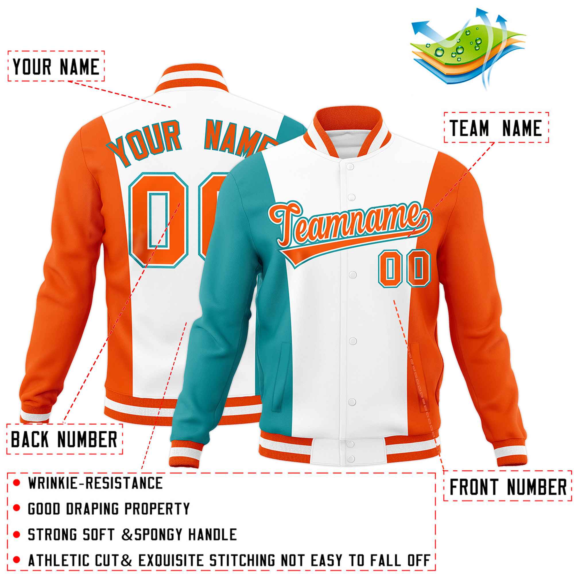 Custom White Aqua Orange Personalization Varsity Full-Snap Three Color Blocks Letterman Jacket| KXKSHOP