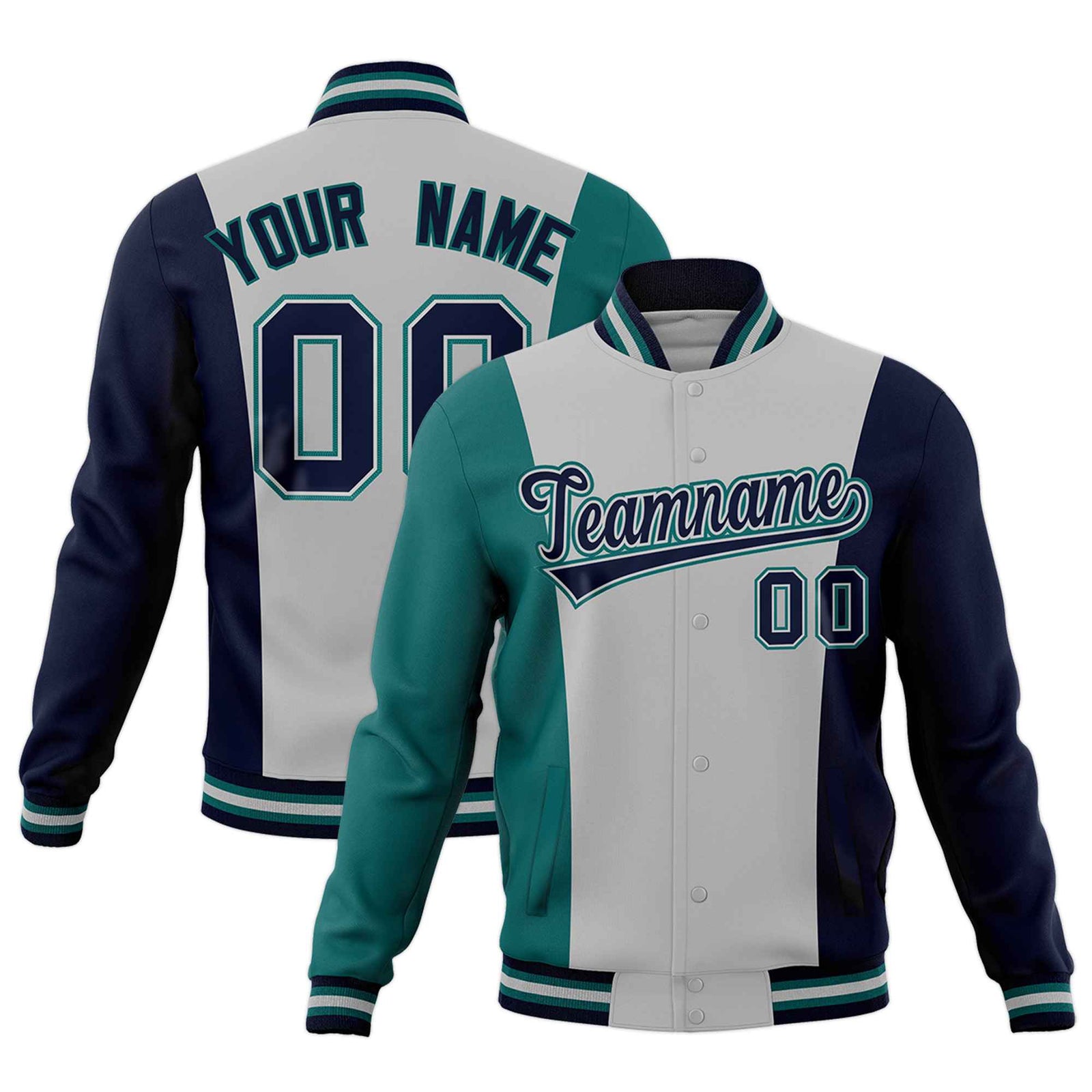 Custom Gray Teal Navy Personalization Varsity Full-Snap Three Color Blocks Letterman Jacket| KXKSHOP