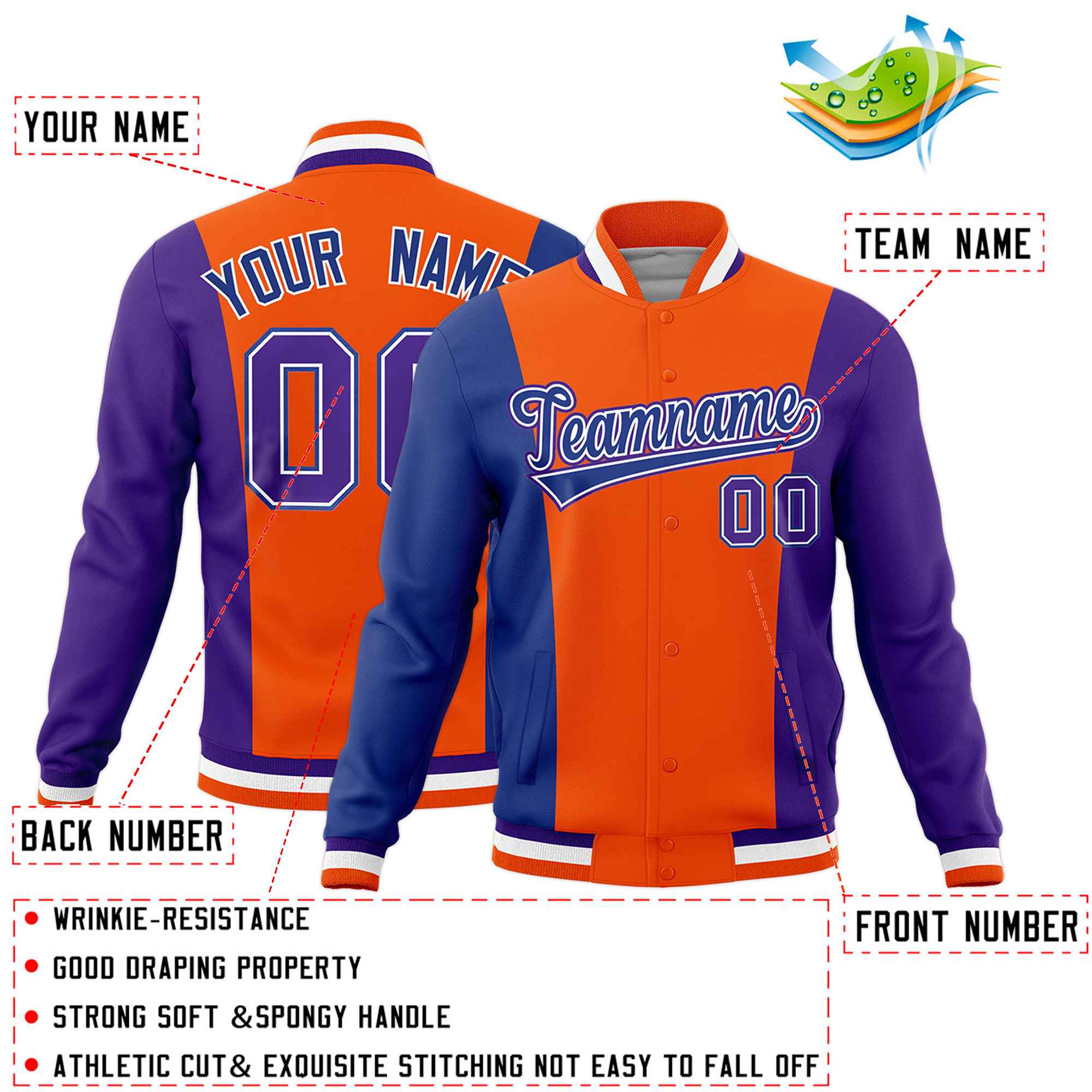 Custom Orange Royal Blue Purple Personalization Varsity Full-Snap Three Color Blocks Letterman Jacket| KXKSHOP