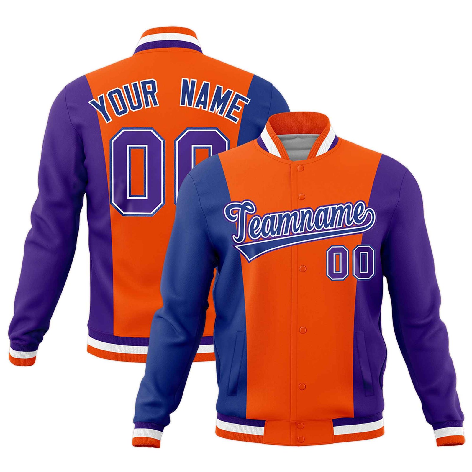 Custom Orange Royal Blue Purple Personalization Varsity Full-Snap Three Color Blocks Letterman Jacket| KXKSHOP