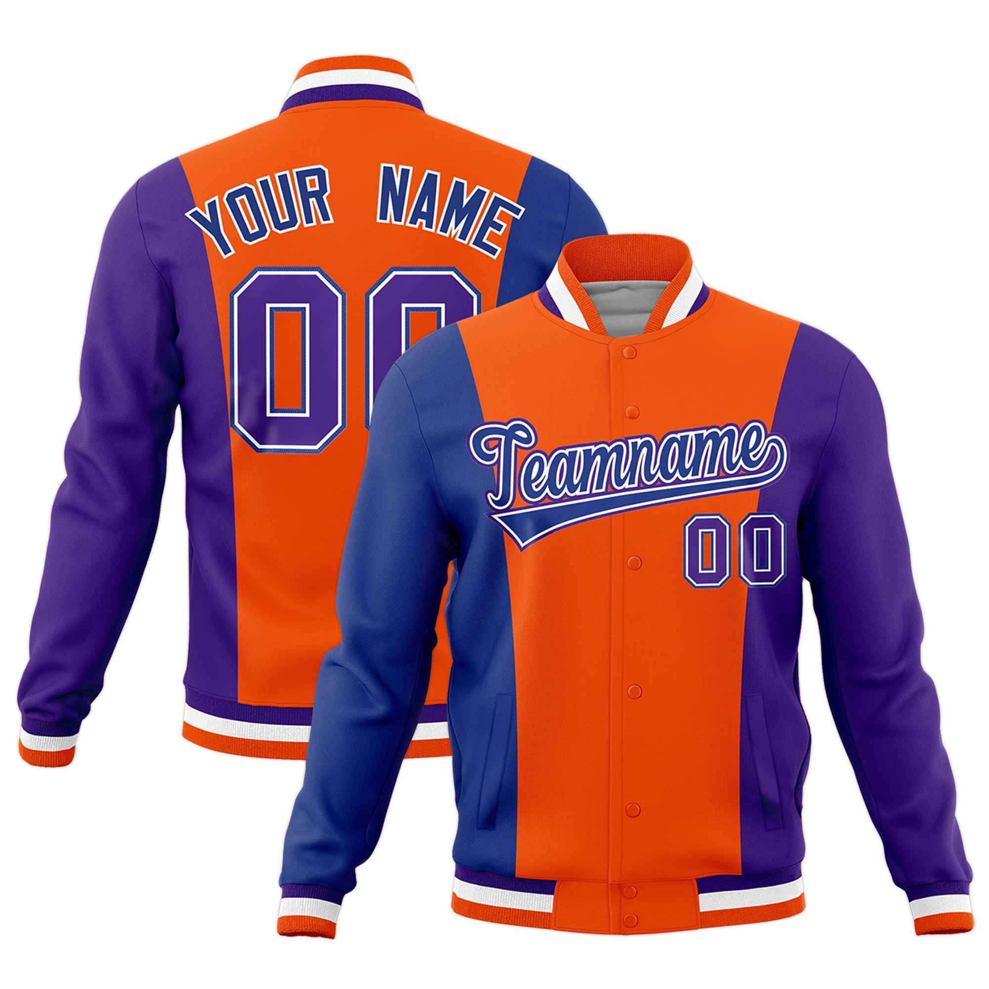 Custom Orange Royal Blue Purple Personalization Varsity Full-Snap Three Color Blocks Letterman Jacket| KXKSHOP
