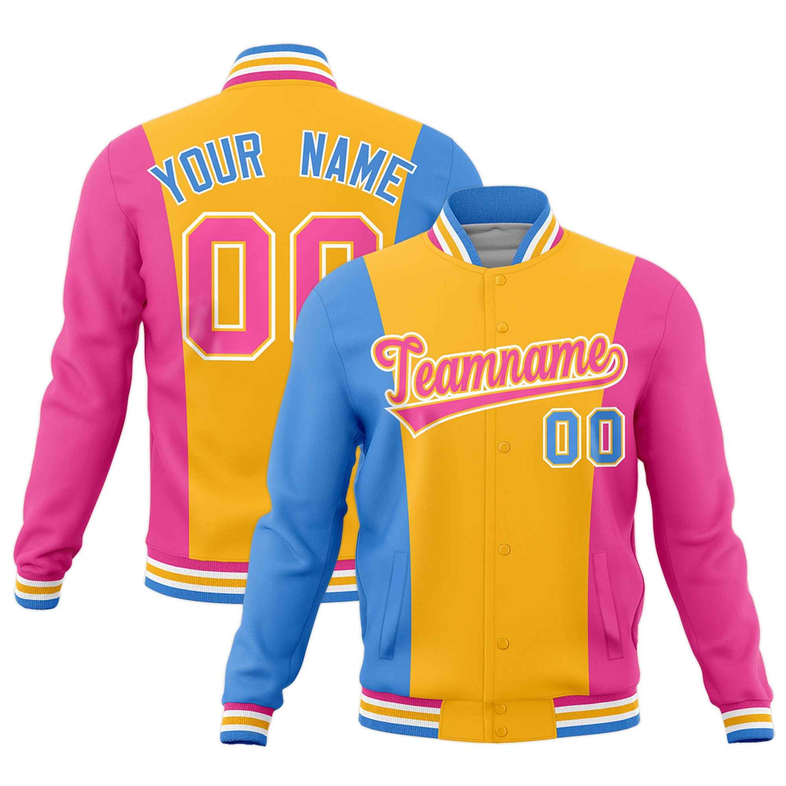 Custom Yellow Powder Blue Pink Personalization Varsity Full-Snap Three Color Blocks Letterman Jacket| KXKSHOP