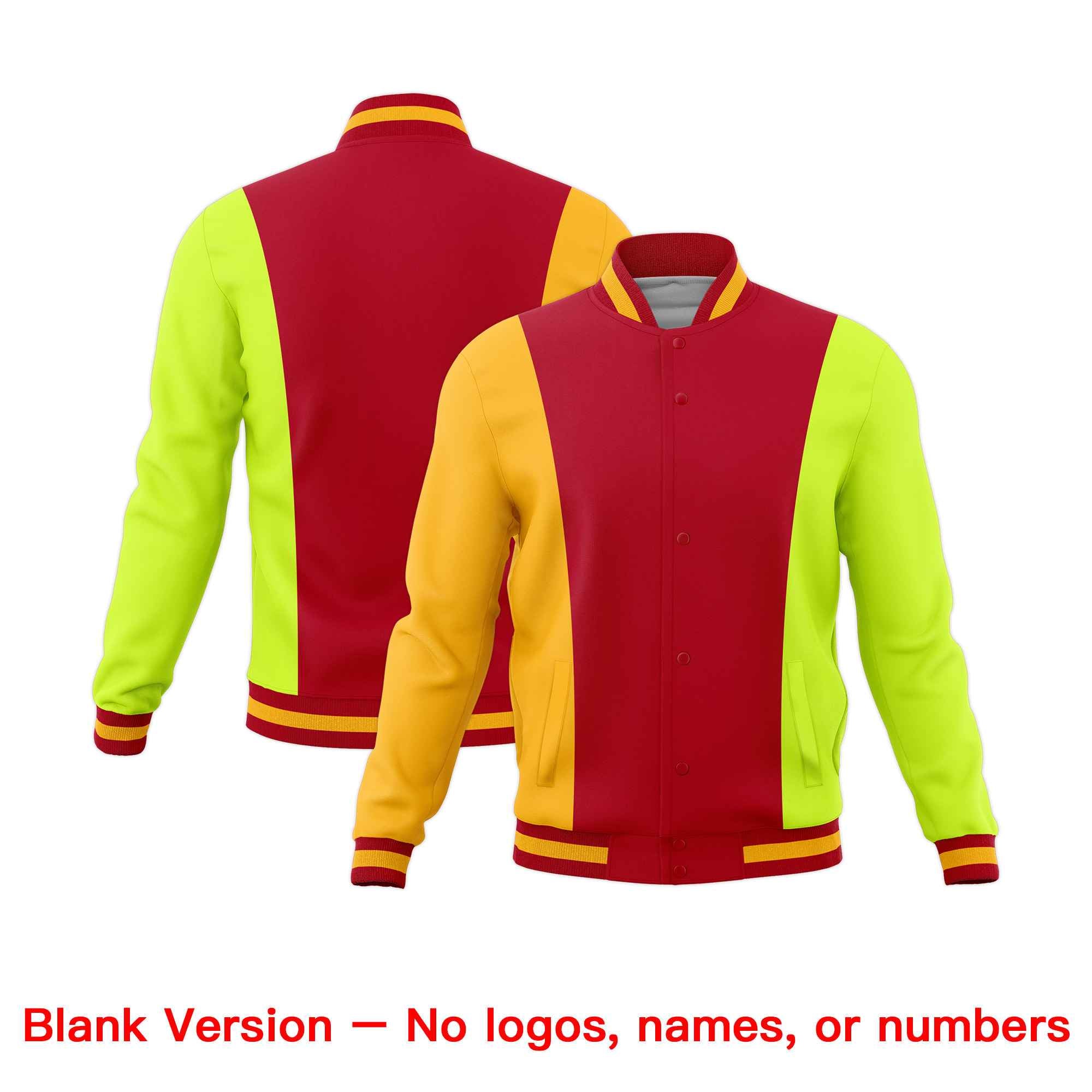 Custom Red Yellow Fluorescent Green Personalization Varsity Full-Snap Three Color Blocks Letterman Jacket| KXKSHOP