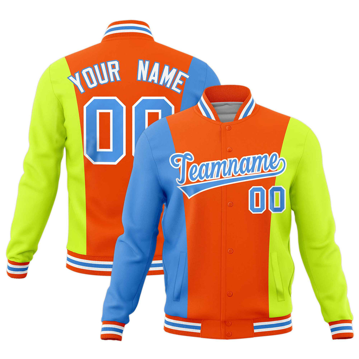 Custom Orange Powder Blue Fluorescent Green Personalization Varsity Full-Snap Three Color Blocks Letterman Jacket| KXKSHOP