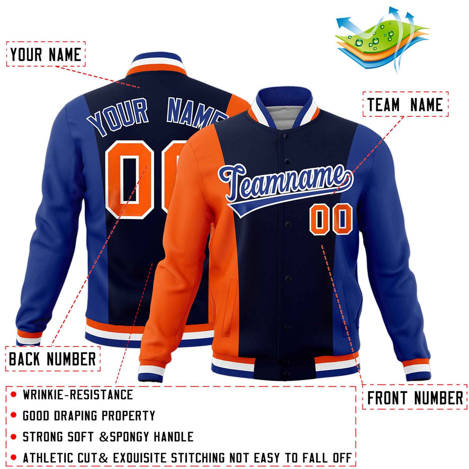 Custom Navy Orange Royal Blue Personalization Varsity Full-Snap Three Color Blocks Letterman Jacket| KXKSHOP