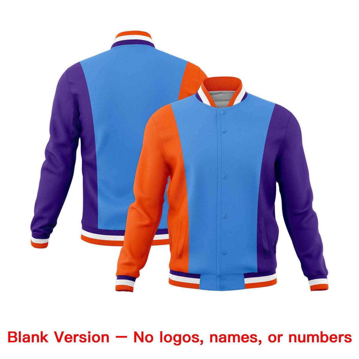 Custom Powder Blue Orange Purple Personalization Varsity Full-Snap Three Color Blocks Letterman Jacket| KXKSHOP