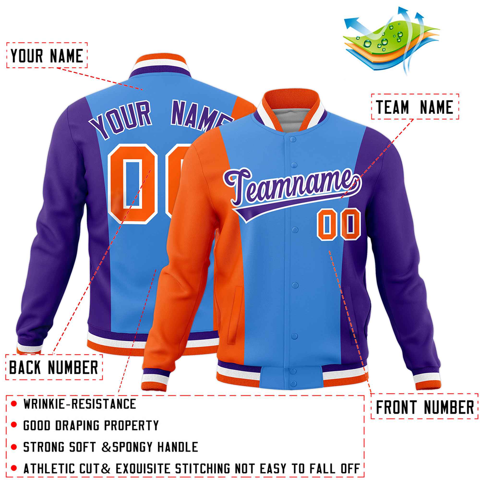 Custom Powder Blue Orange Purple Personalization Varsity Full-Snap Three Color Blocks Letterman Jacket| KXKSHOP