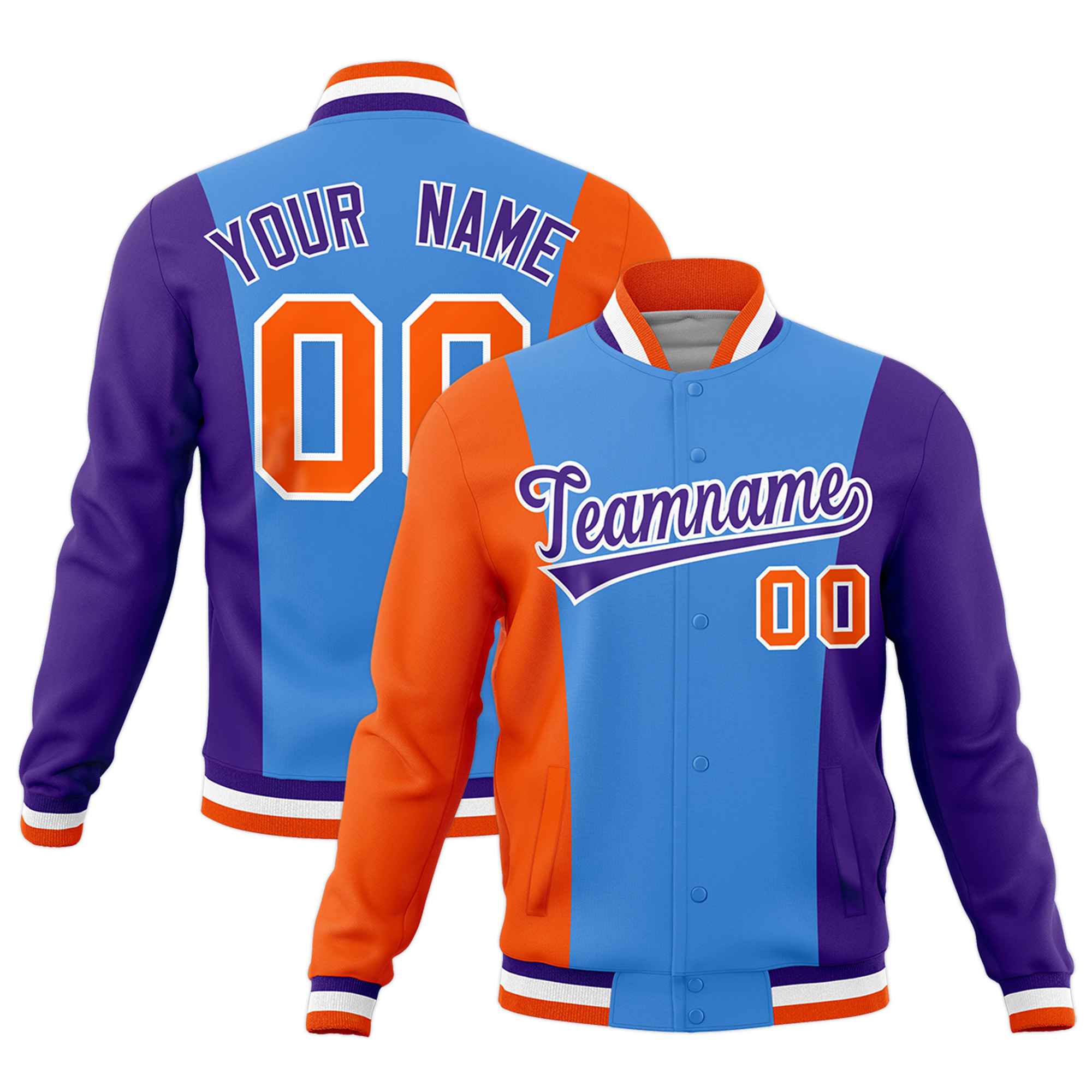Custom Powder Blue Orange Purple Personalization Varsity Full-Snap Three Color Blocks Letterman Jacket| KXKSHOP