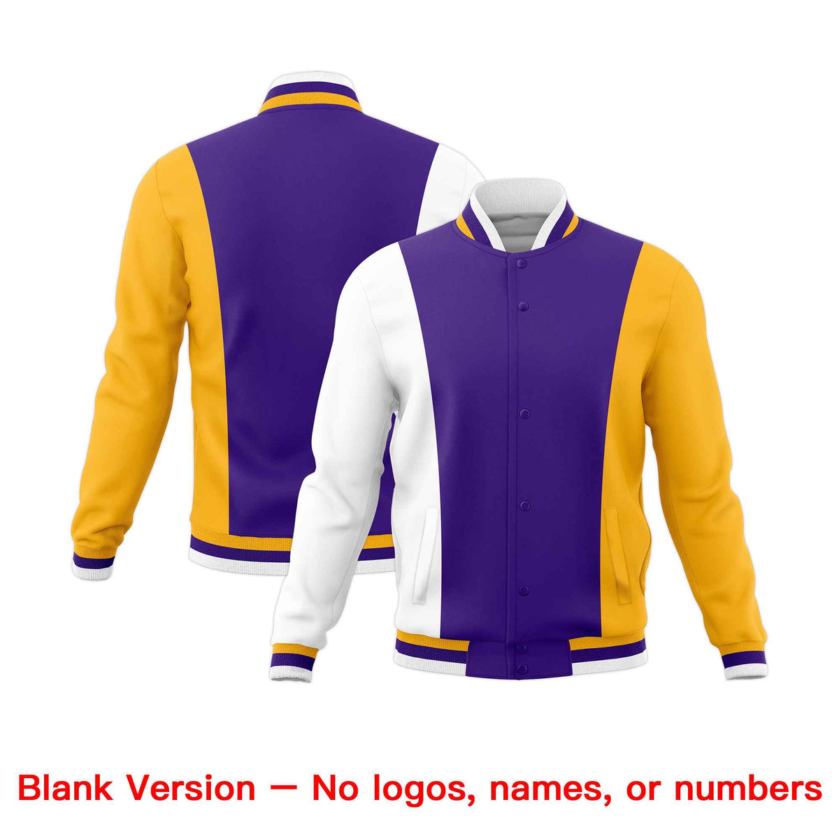 Custom Purple White Yellow Personalization Varsity Full-Snap Three Color Blocks Letterman Jacket| KXKSHOP