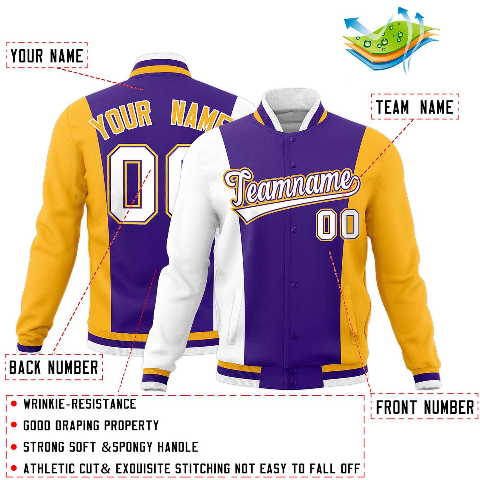 Custom Purple White Yellow Personalization Varsity Full-Snap Three Color Blocks Letterman Jacket| KXKSHOP