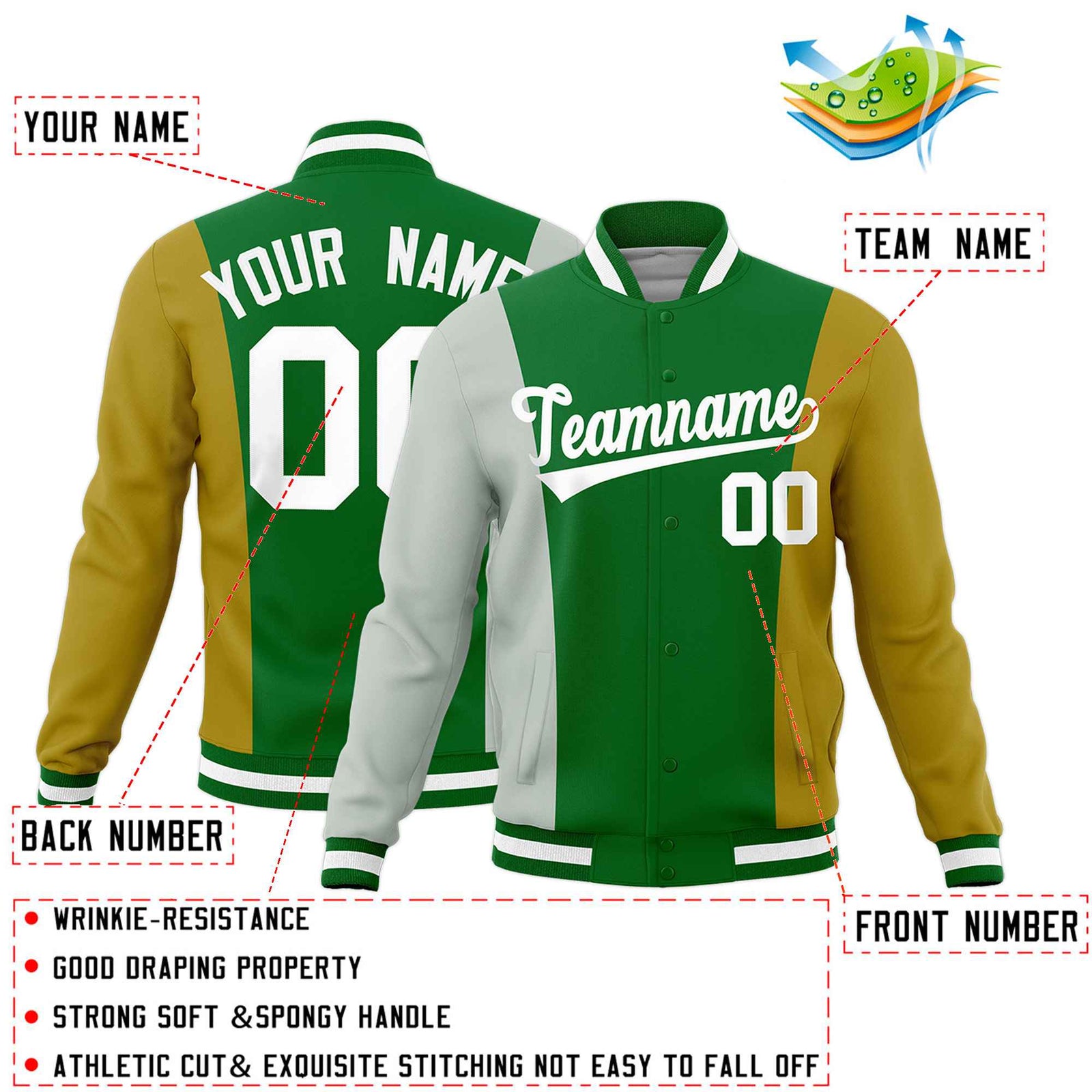 Custom Kelly Green Gray Old Gold Personalization Varsity Full-Snap Three Color Blocks Letterman Jacket| KXKSHOP