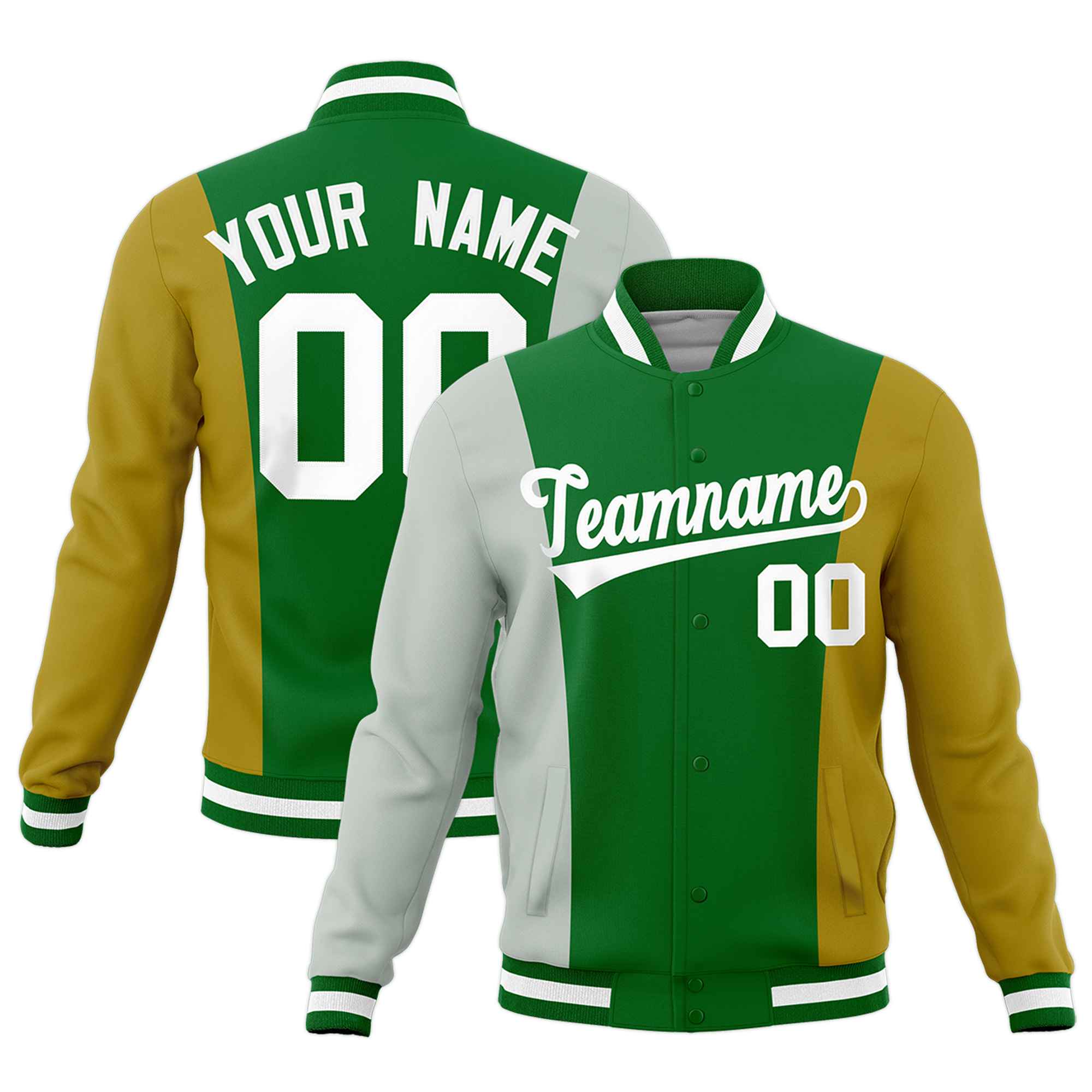 Custom Kelly Green Gray Old Gold Personalization Varsity Full-Snap Three Color Blocks Letterman Jacket| KXKSHOP