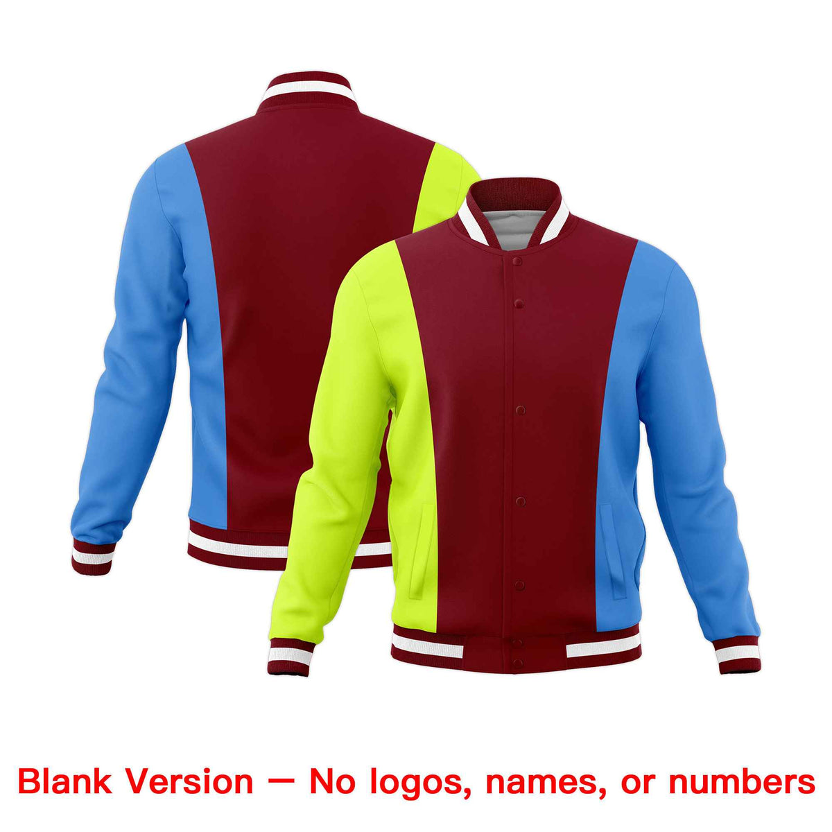 Custom Crimson Fluorescent Green Powder Blue Personalization Varsity Full-Snap Three Color Blocks Letterman Jacket| KXKSHOP