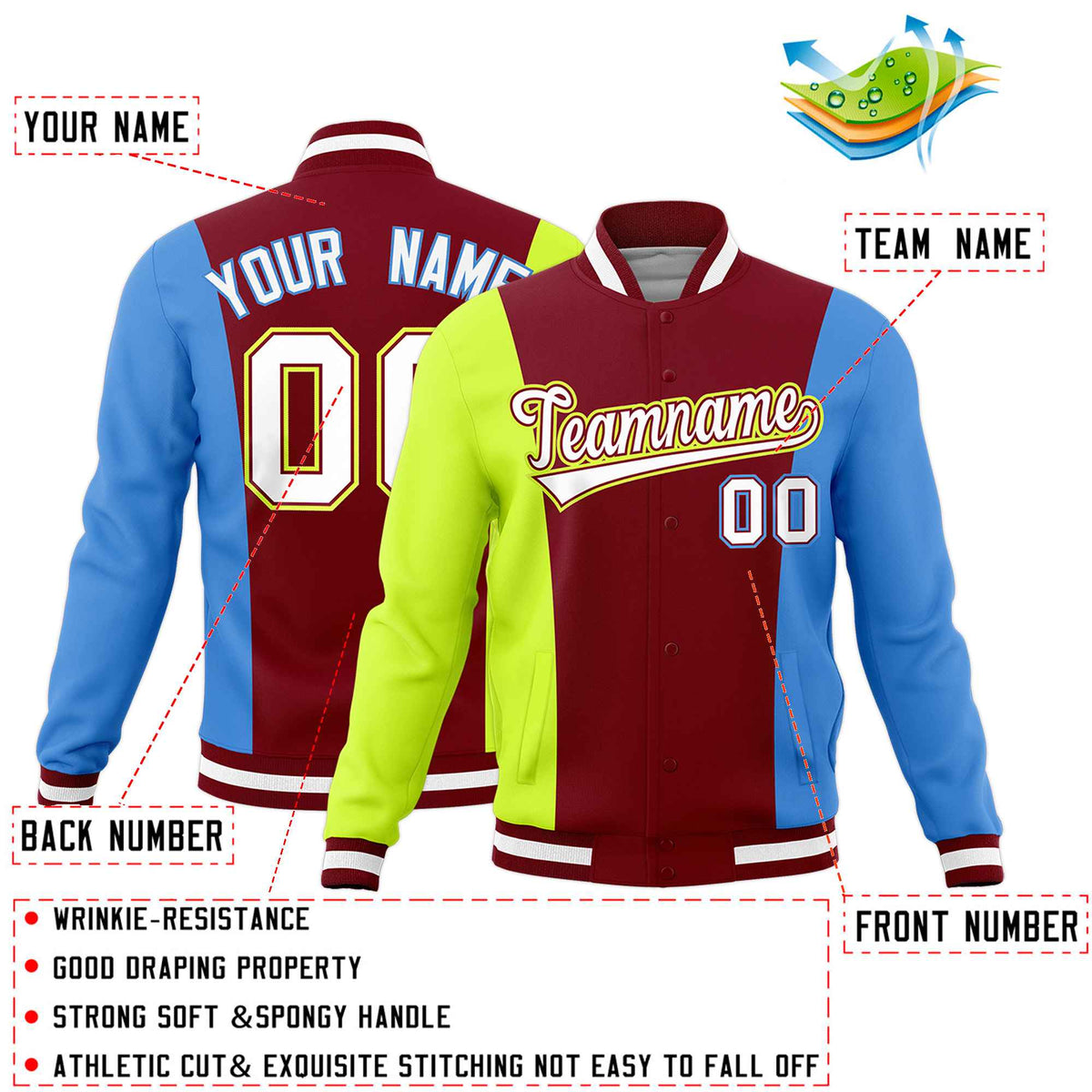 Custom Crimson Fluorescent Green Powder Blue Personalization Varsity Full-Snap Three Color Blocks Letterman Jacket| KXKSHOP