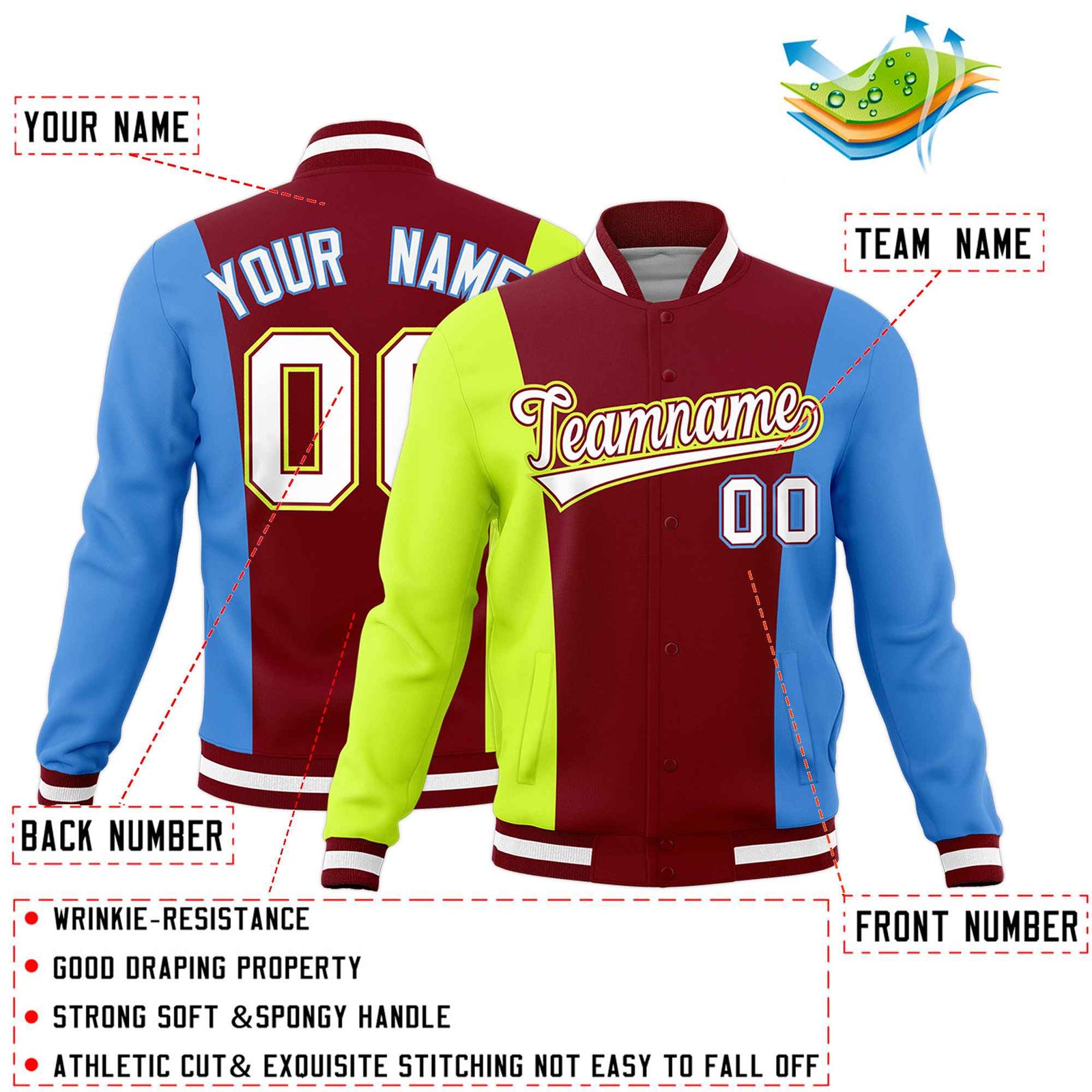 Custom Crimson Fluorescent Green Powder Blue Personalization Varsity Full-Snap Three Color Blocks Letterman Jacket| KXKSHOP