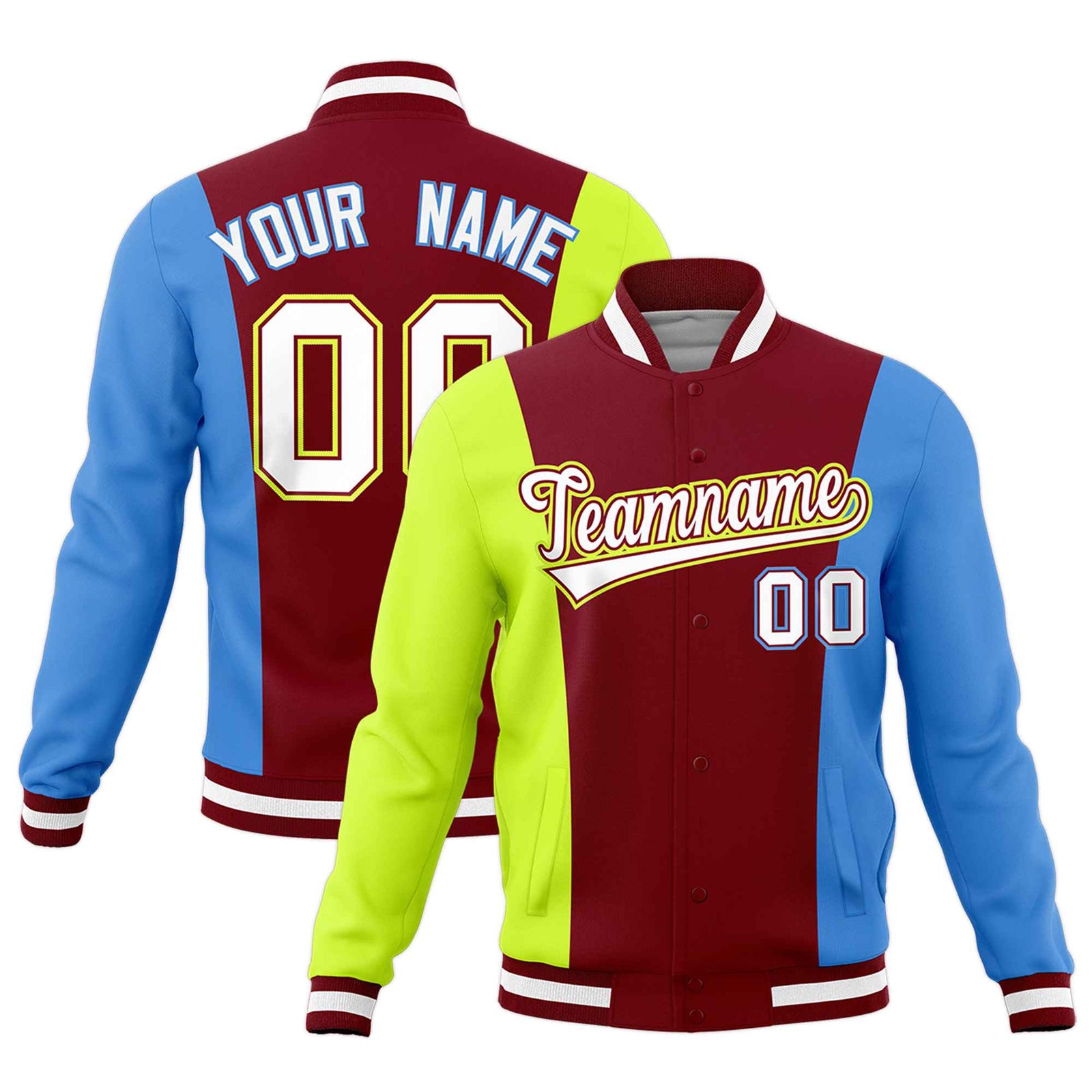 Custom Crimson Fluorescent Green Powder Blue Personalization Varsity Full-Snap Three Color Blocks Letterman Jacket| KXKSHOP