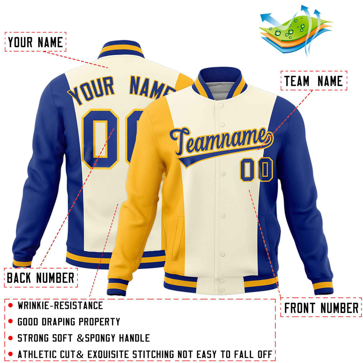 Custom Yellow Cream Royal Blue Personalization Varsity Full-Snap Three Color Blocks Letterman Jacket| KXKSHOP