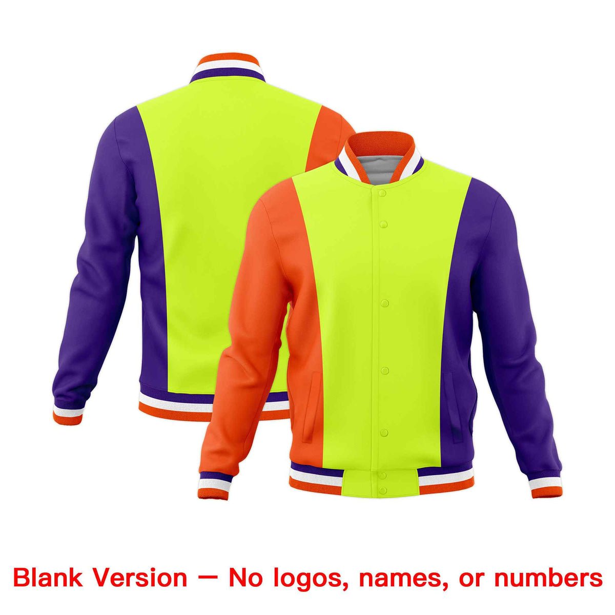 Custom Fluorescent Green Orange Purple Personalization Varsity Full-Snap Three Color Blocks Letterman Jacket| KXKSHOP