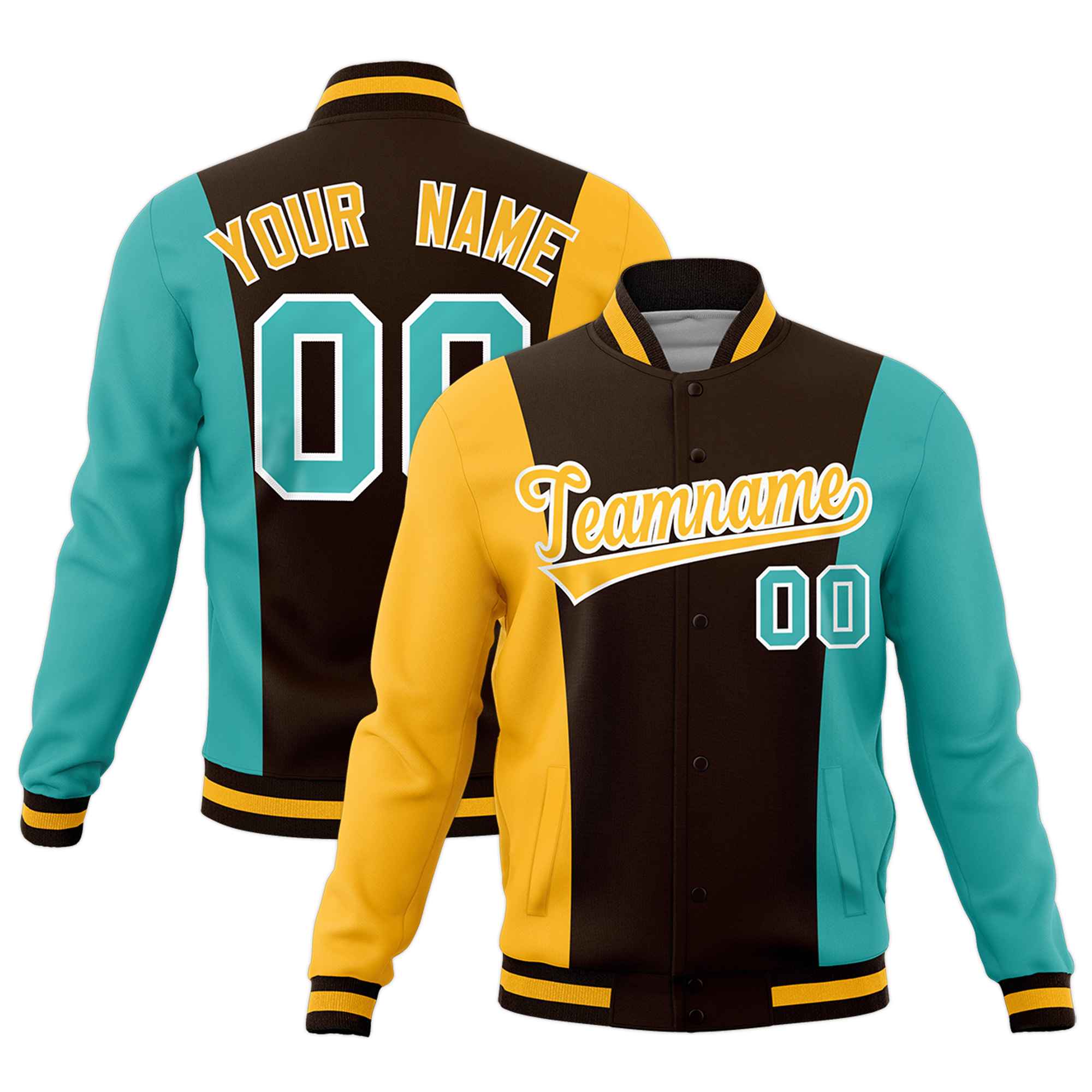 Custom Brown Yellow Teal Personalization Varsity Full-Snap Three Color Blocks Letterman Jacket| KXKSHOP