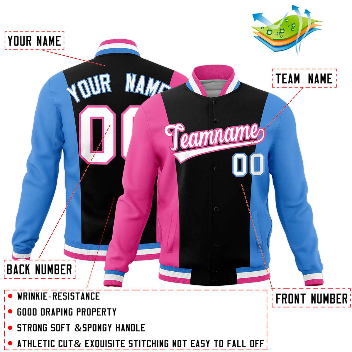 Custom Black Pink Powder Blue Personalization Varsity Full-Snap Three Color Blocks Letterman Jacket| KXKSHOP