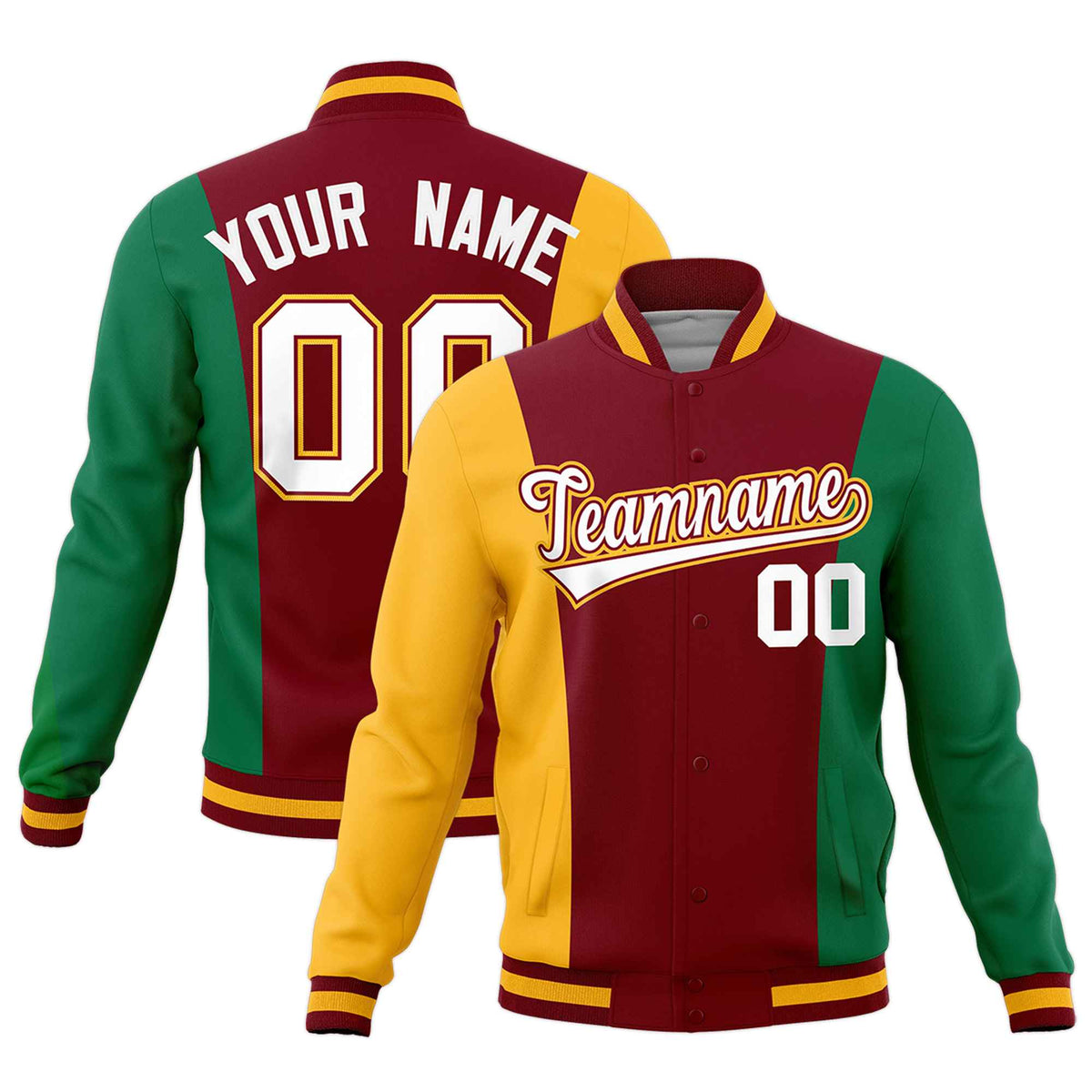 Custom Crimson Yellow Kelly Green Personalization Varsity Full-Snap Three Color Blocks Letterman Jacket| KXKSHOP