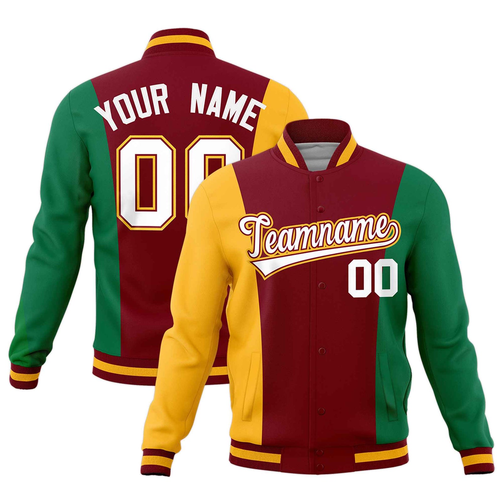 Custom Crimson Yellow Kelly Green Personalization Varsity Full-Snap Three Color Blocks Letterman Jacket| KXKSHOP