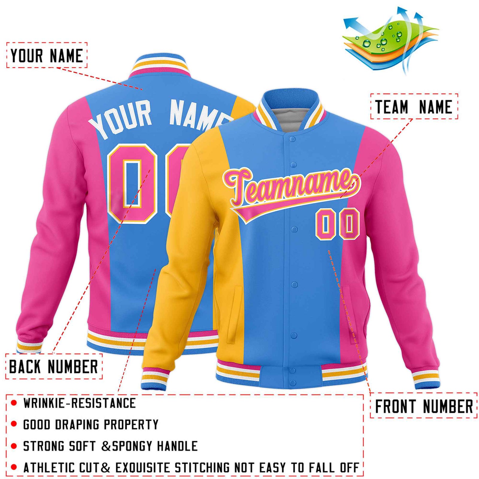 Custom Powder Blue Yellow Pink Personalization Varsity Full-Snap Three Color Blocks Letterman Jacket| KXKSHOP