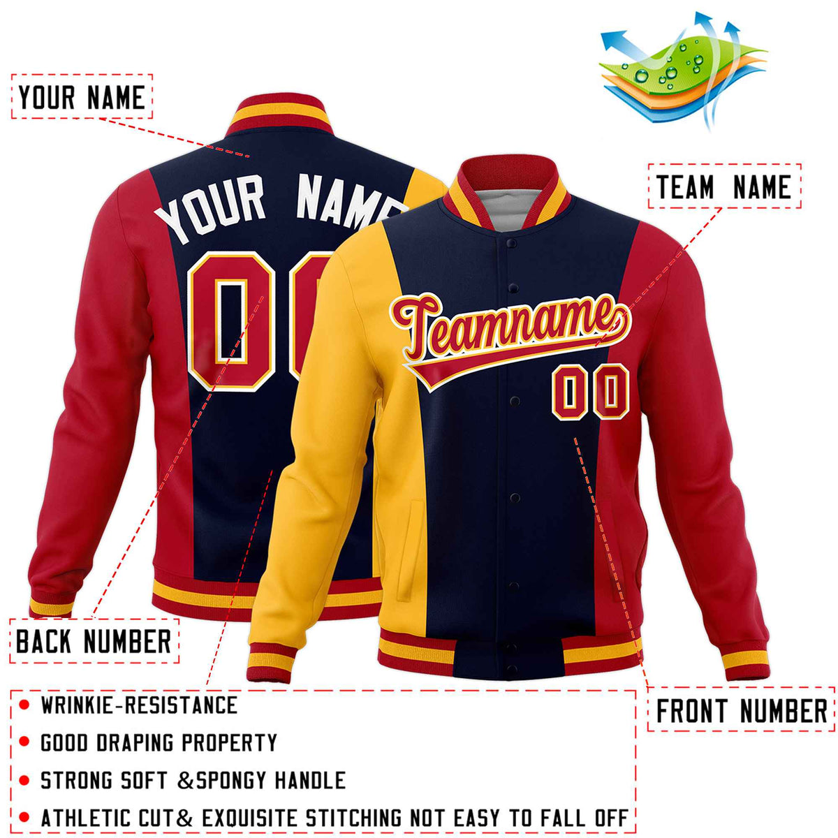 Custom Navy Yellow Red Personalization Varsity Full-Snap Three Color Blocks Letterman Jacket| KXKSHOP
