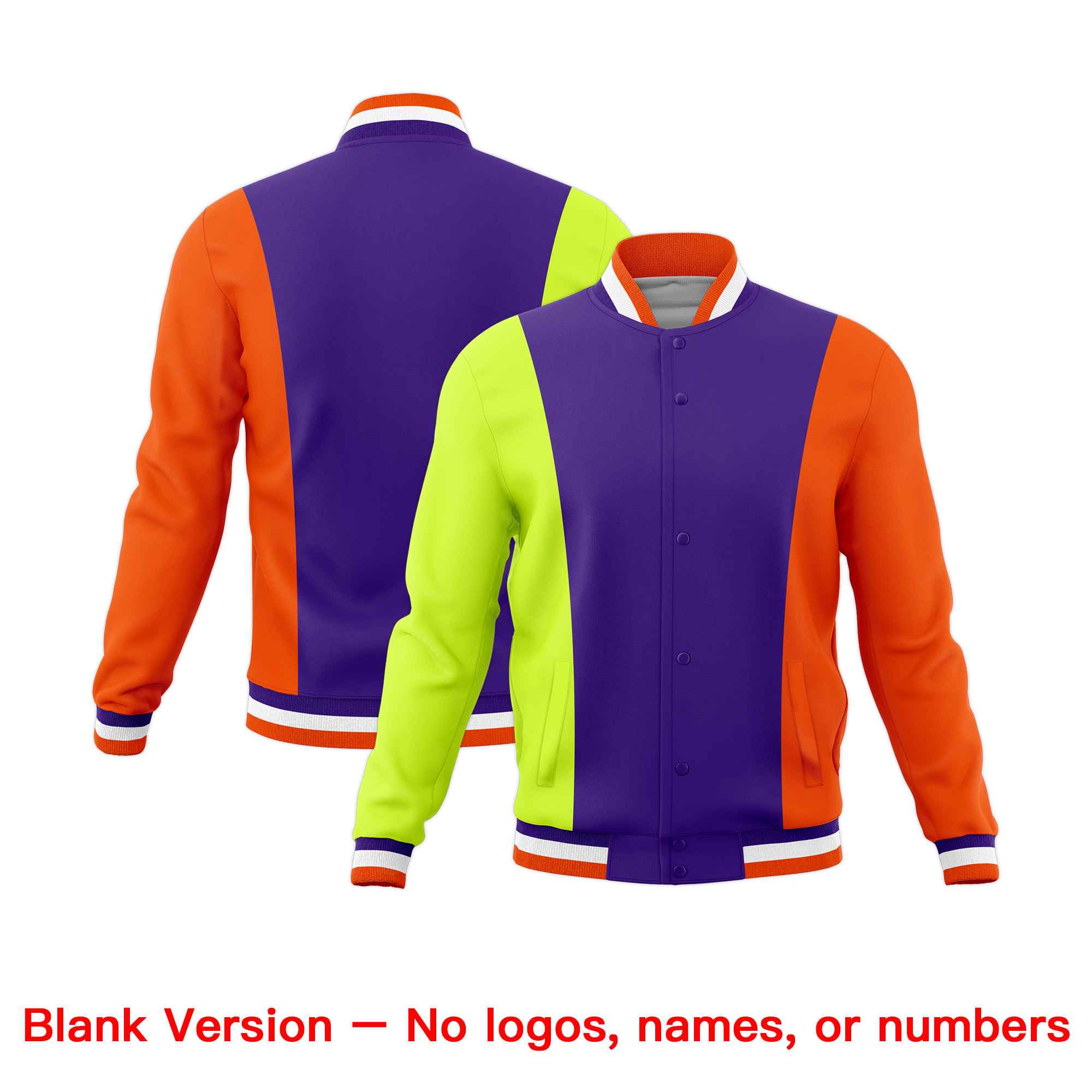 Custom Purple Fluorescent Green Yellow Personalization Varsity Full-Snap Three Color Blocks Letterman Jacket| KXKSHOP