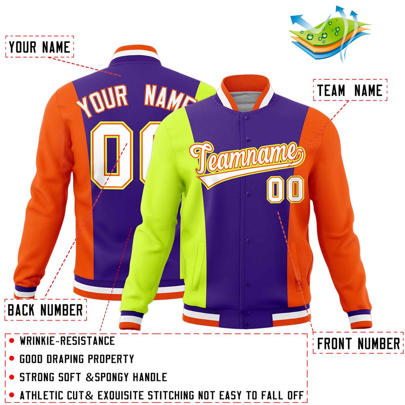 Custom Purple Fluorescent Green Yellow Personalization Varsity Full-Snap Three Color Blocks Letterman Jacket| KXKSHOP