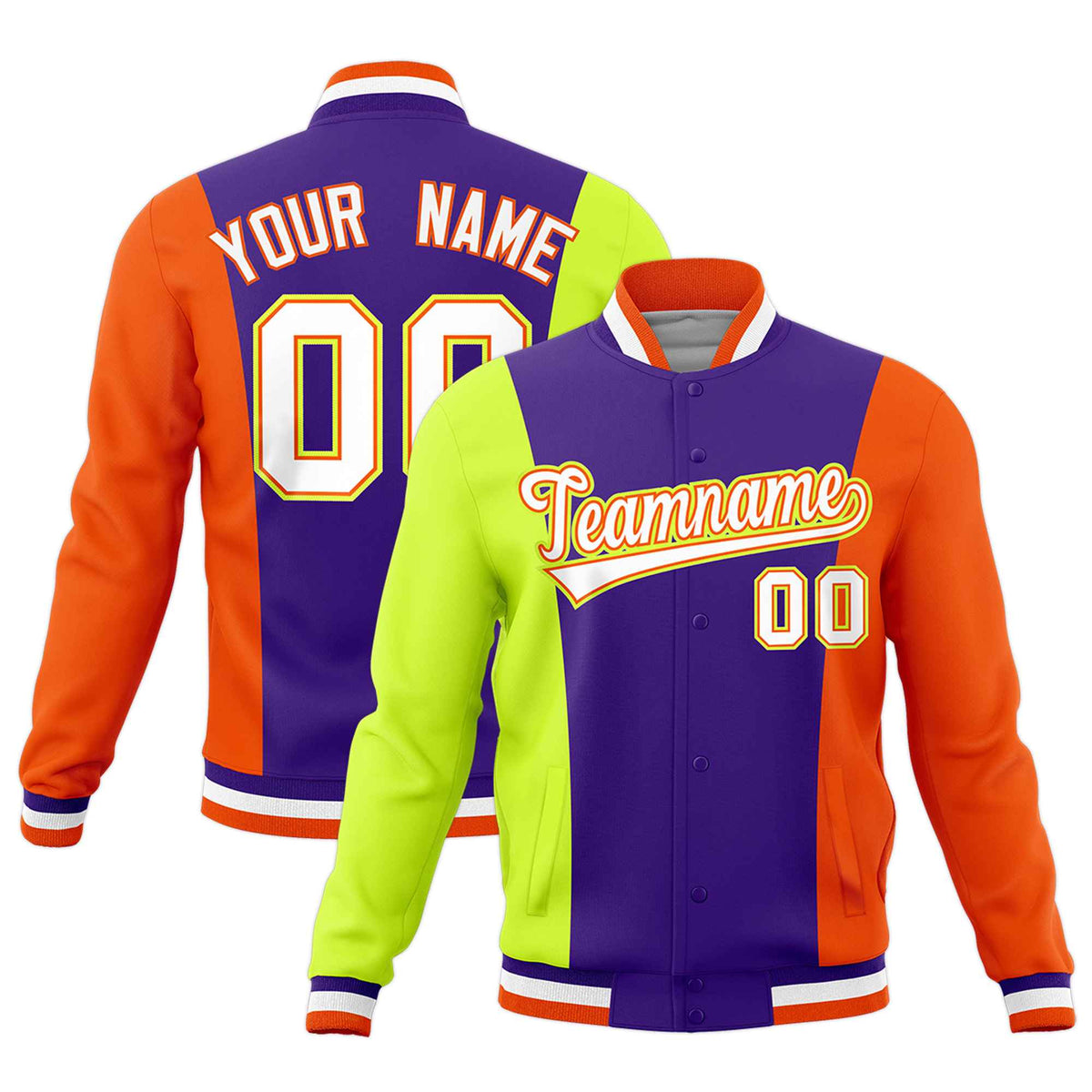 Custom Purple Fluorescent Green Yellow Personalization Varsity Full-Snap Three Color Blocks Letterman Jacket| KXKSHOP
