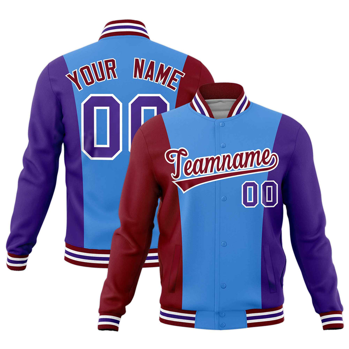 Custom Powder Blue Crimson Purple Personalization Varsity Full-Snap Three Color Blocks Letterman Jacket| KXKSHOP
