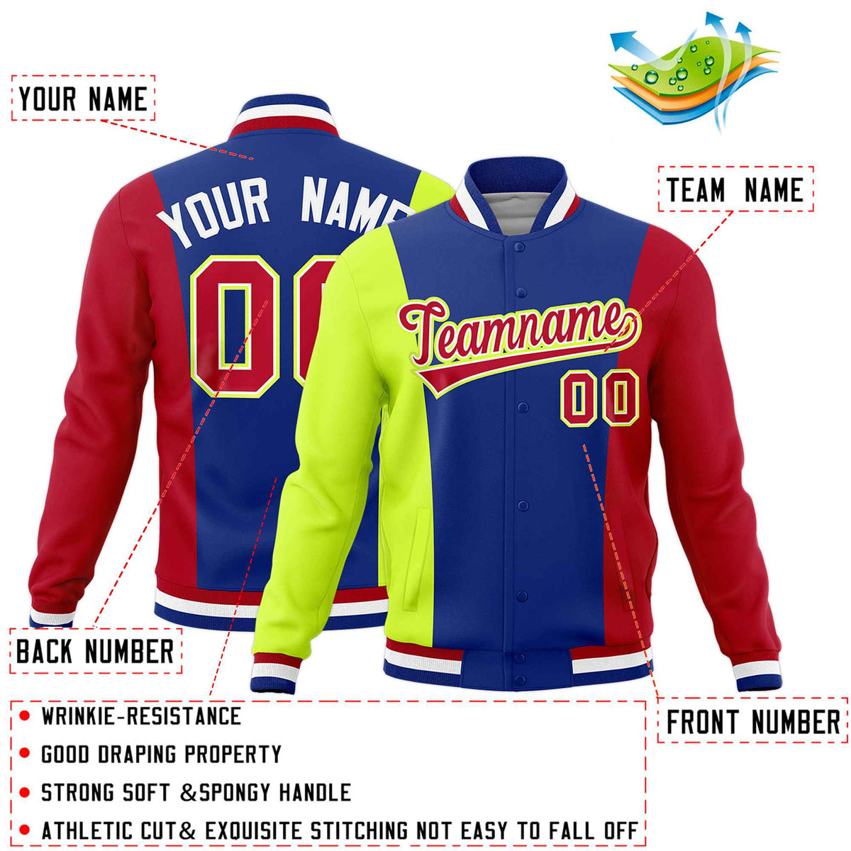 Custom Royal Blue Fluorescent Green Red Personalization Varsity Full-Snap Three Color Blocks Letterman Jacket| KXKSHOP