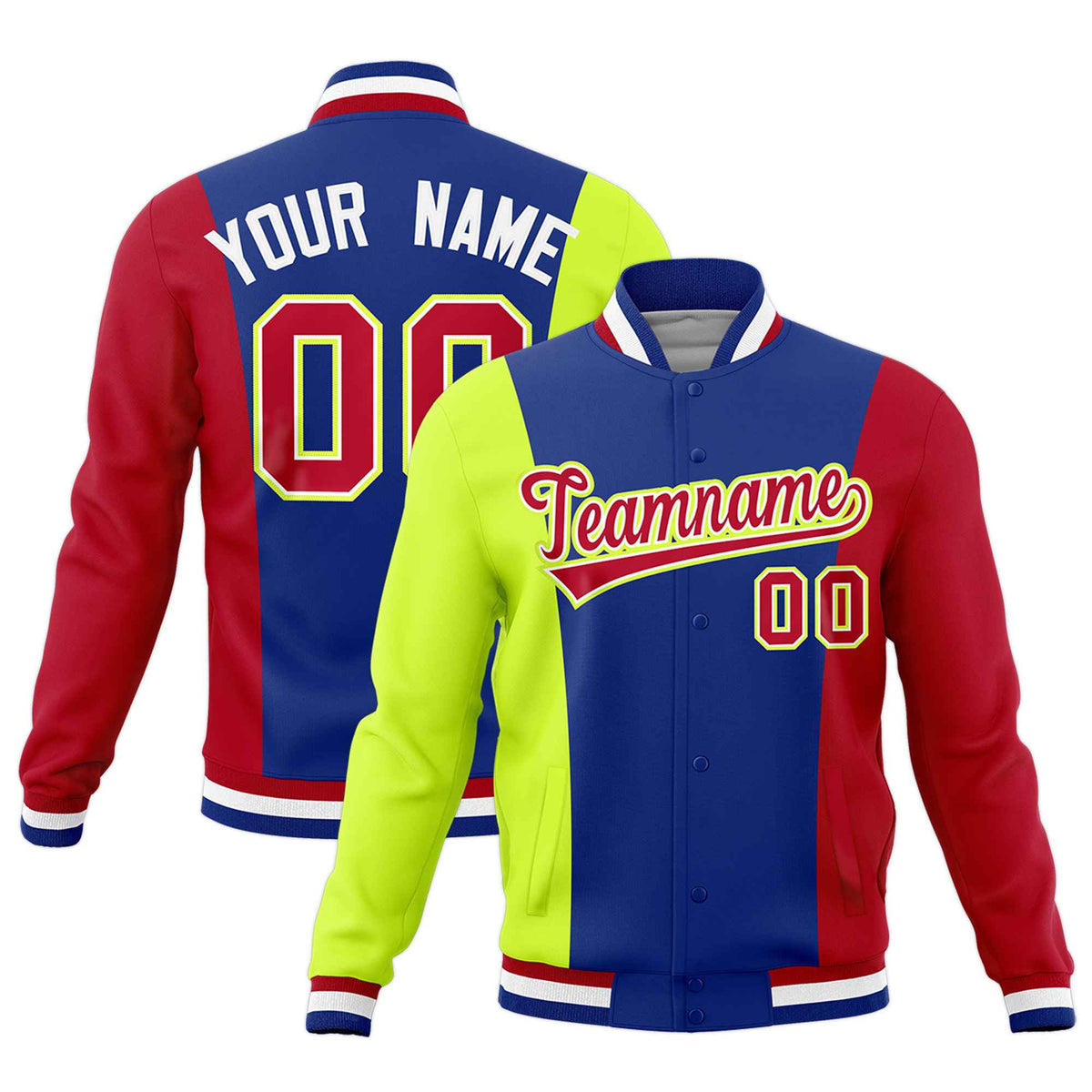Custom Royal Blue Fluorescent Green Red Personalization Varsity Full-Snap Three Color Blocks Letterman Jacket| KXKSHOP