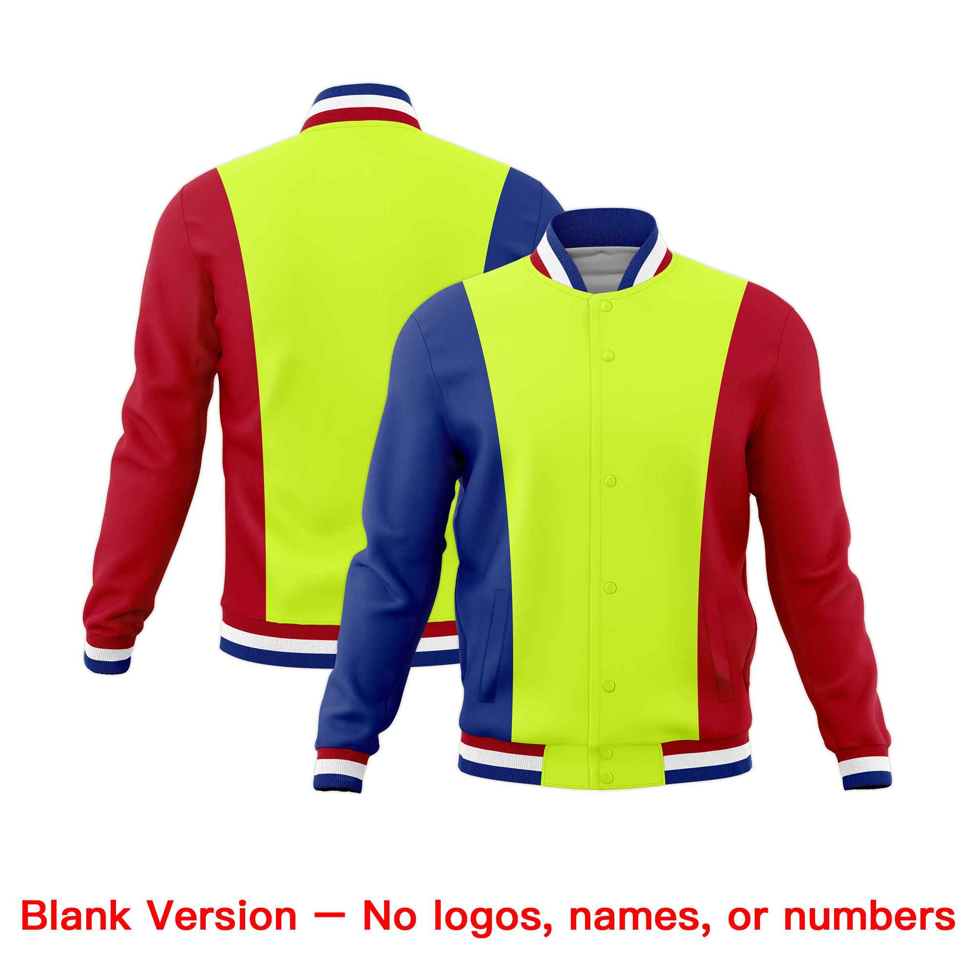 Custom Fluorescent Green Royal Blue Red Personalization Varsity Full-Snap Three Color Blocks Letterman Jacket| KXKSHOP