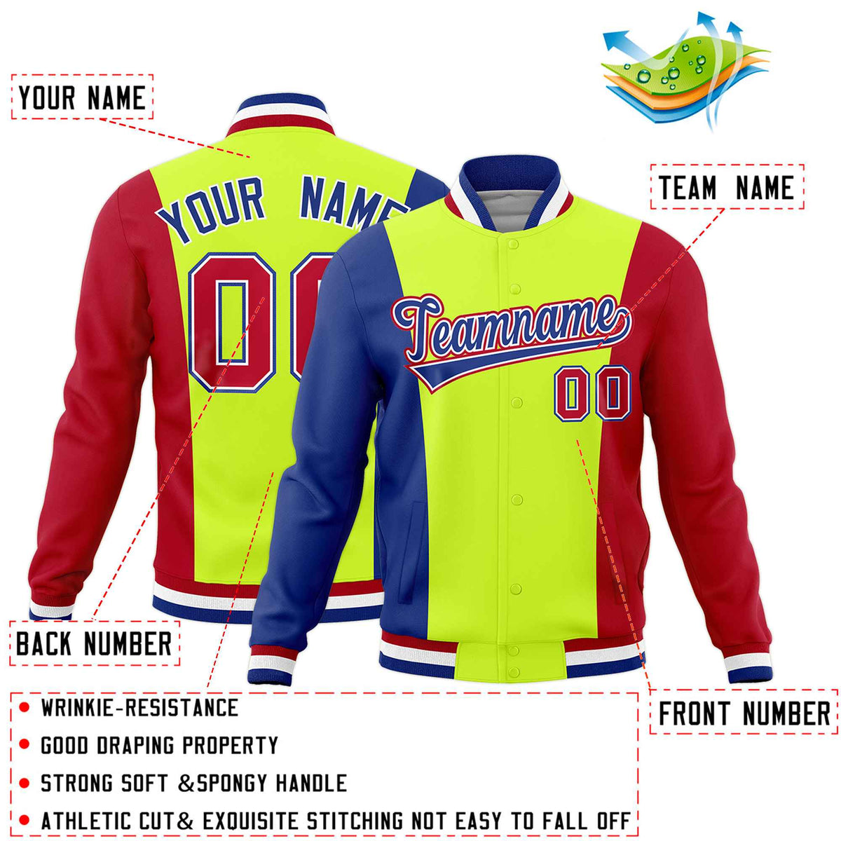Custom Fluorescent Green Royal Blue Red Personalization Varsity Full-Snap Three Color Blocks Letterman Jacket| KXKSHOP