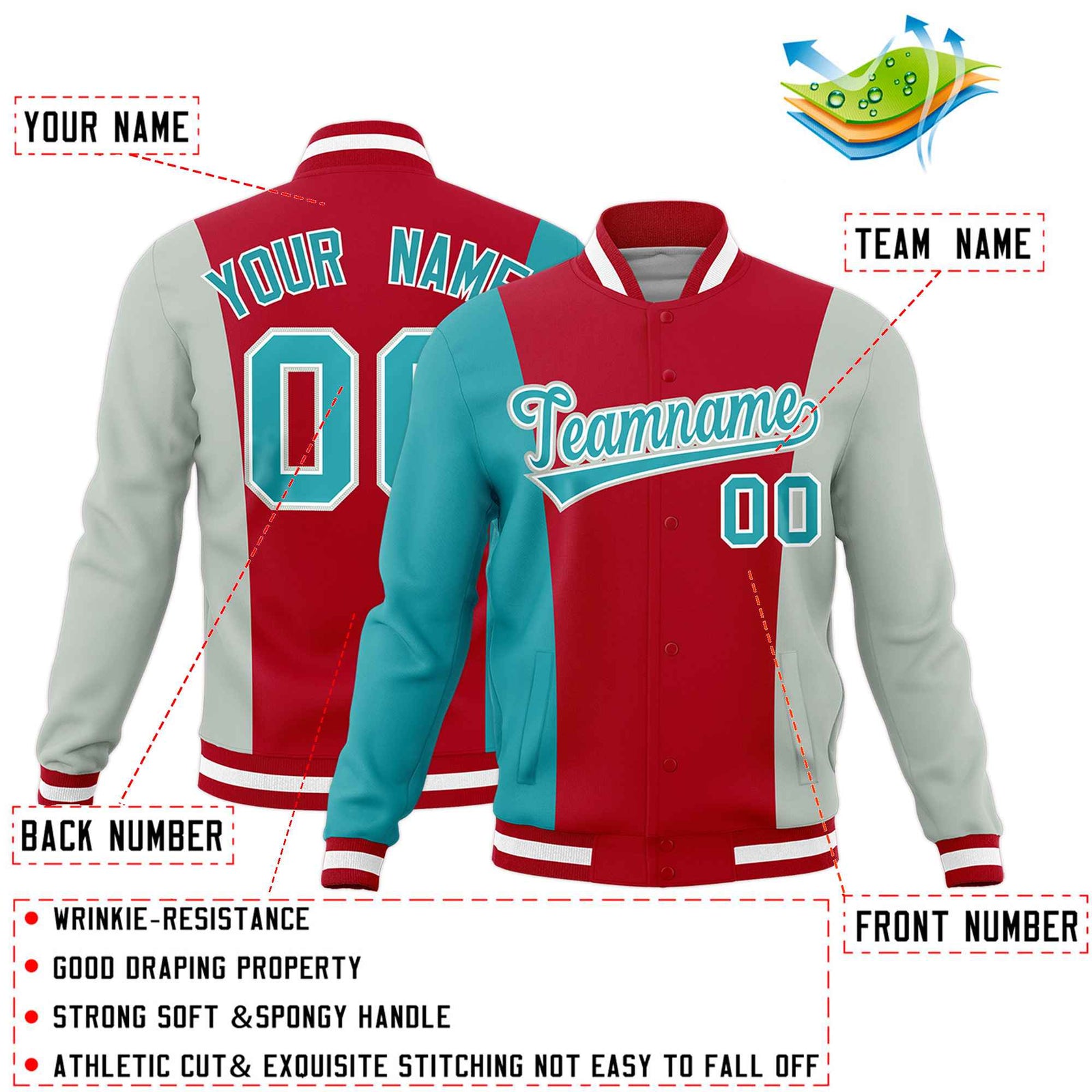 Custom Red Aqua Gray Personalization Varsity Full-Snap Three Color Blocks Letterman Jacket| KXKSHOP