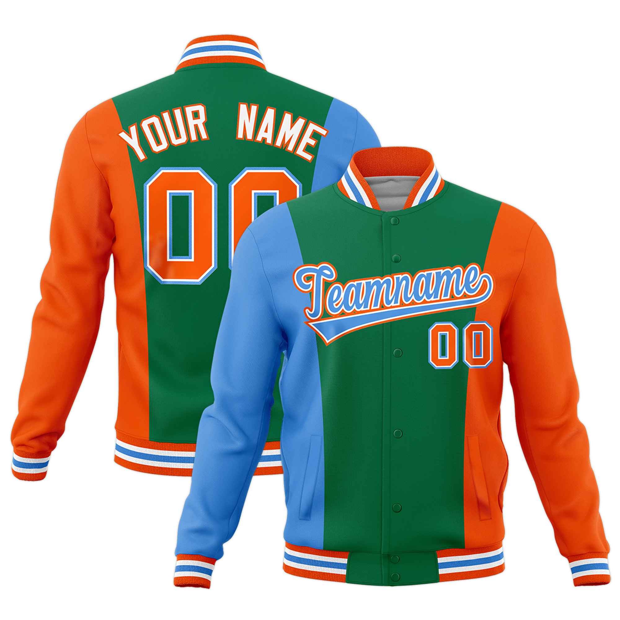 Custom Kelly Green Powder Blue Orange Personalization Varsity Full-Snap Three Color Blocks Letterman Jacket| KXKSHOP