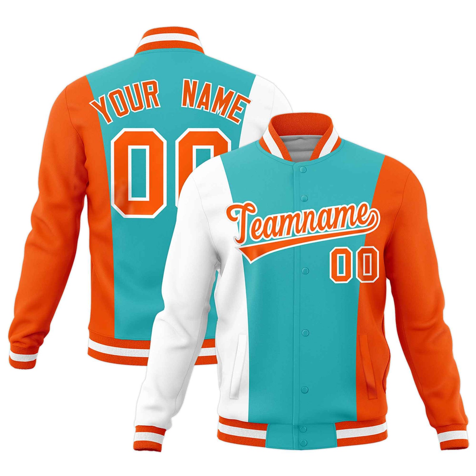 Custom Teal White Orange Personalization Varsity Full-Snap Three Color Blocks Letterman Jacket| KXKSHOP