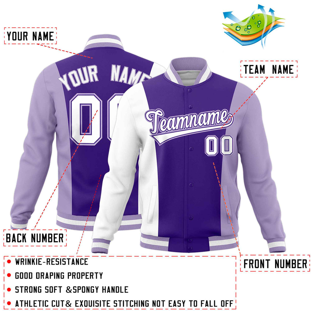 Custom Purple White Light Purple Personalization Varsity Full-Snap Three Color Blocks Letterman Jacket| KXKSHOP