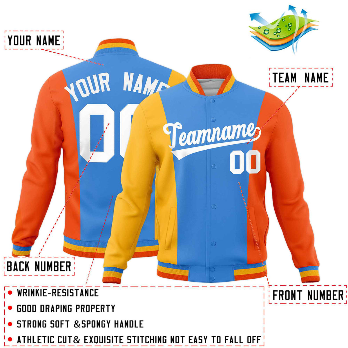 Custom Powder Blue Yellow Orange Personalization Varsity Full-Snap Three Color Blocks Letterman Jacket| KXKSHOP
