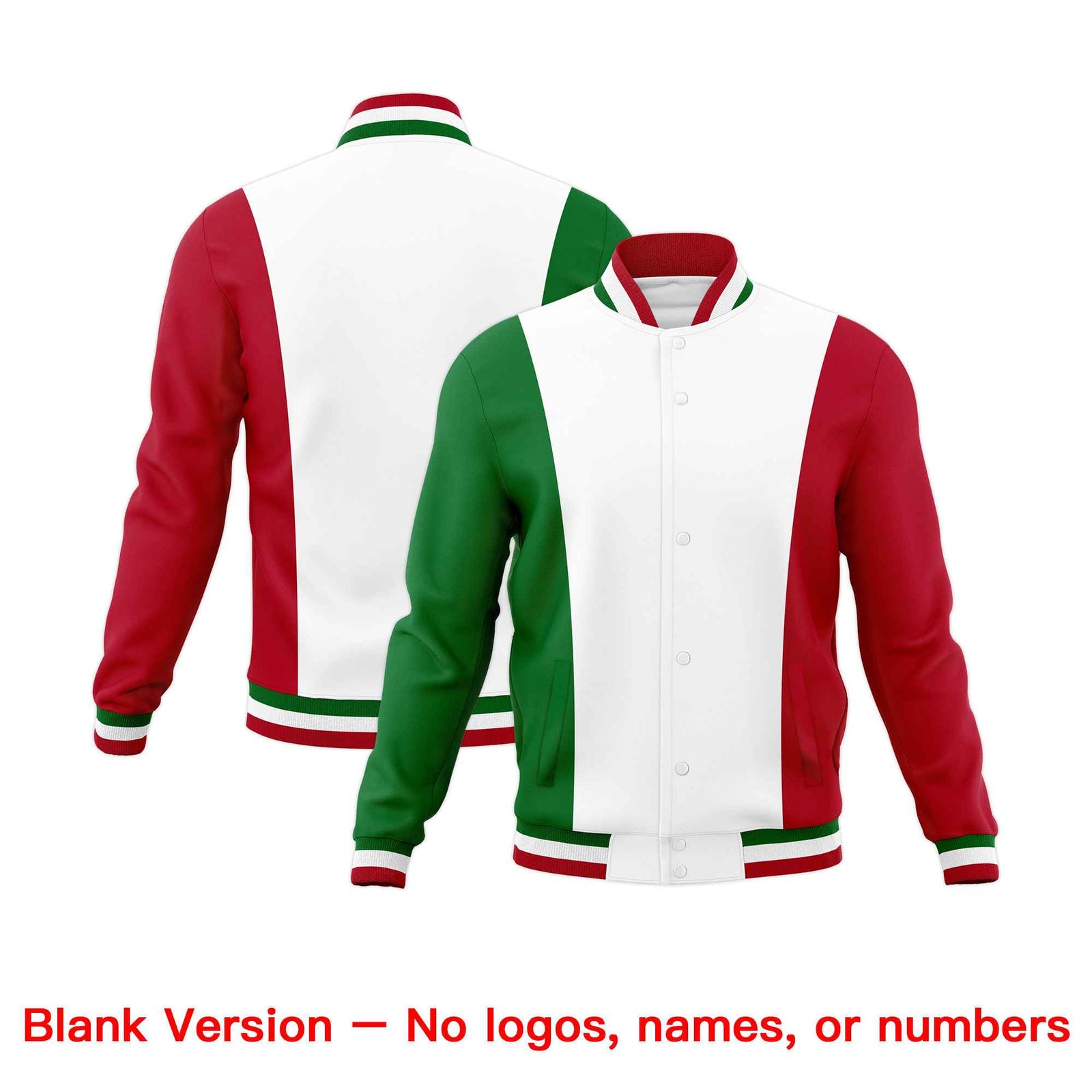 Custom White Kelly Green Red Personalization Varsity Full-Snap Three Color Blocks Letterman Jacket