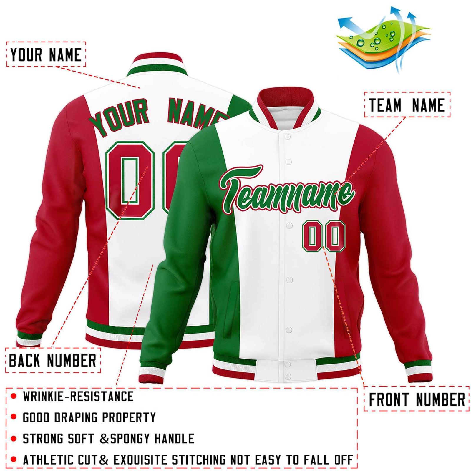 Custom White Kelly Green Red Personalization Varsity Full-Snap Three Color Blocks Letterman Jacket